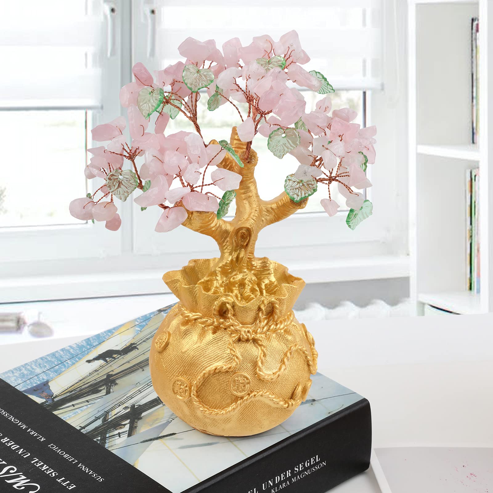 RockCloud Rose Quartz Crystal Money Tree with Golden Money Bag - Feng Shui Wealth & Luck Bonsai for Home, Office Desk Decor | Perfect for Attracting Prosperity & Enhancing Workspace Energy