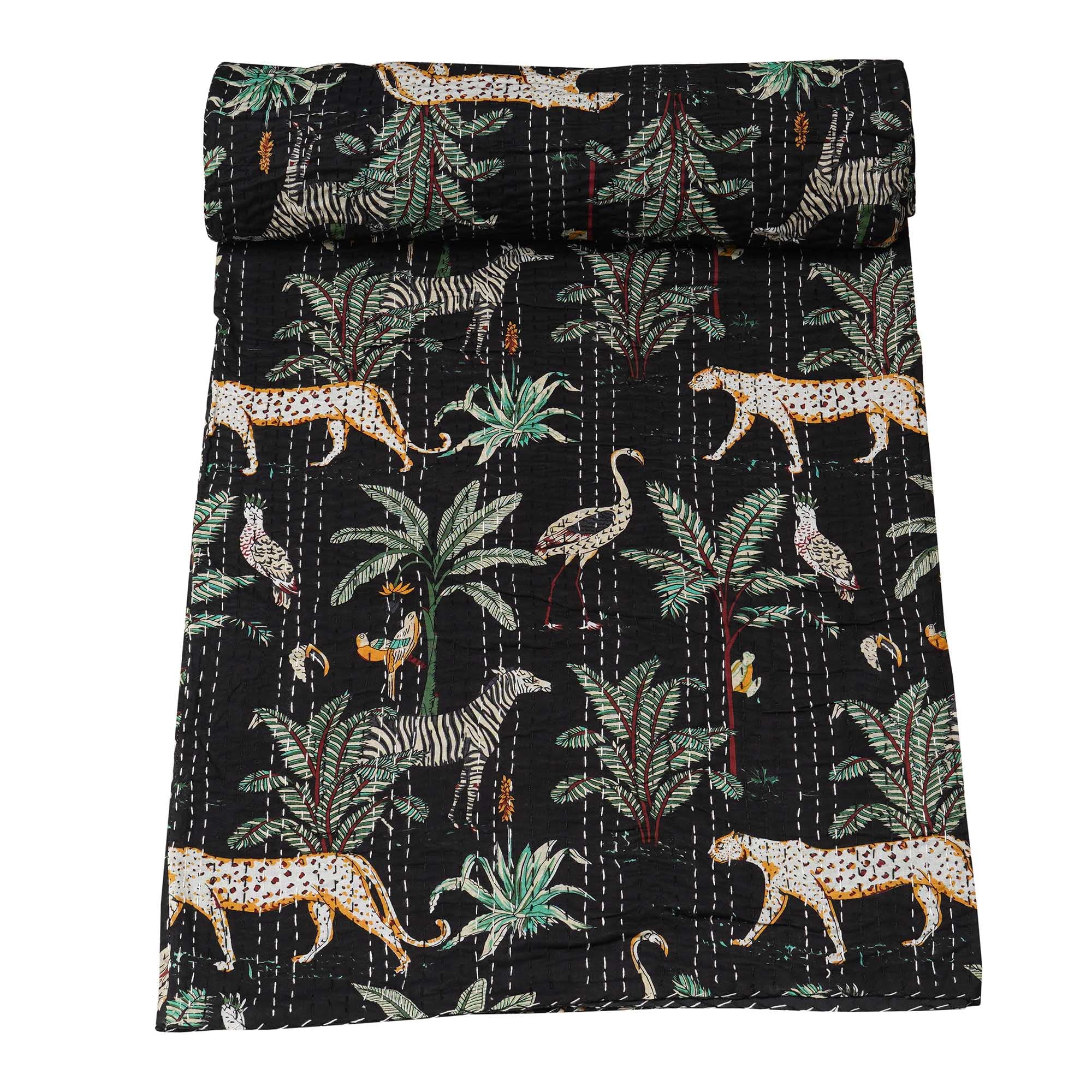 Marubhumi Indian Traditional Pure Cotton Kantha Quilt - Reversible Jungle Print Vintage Design, Black King Size (108