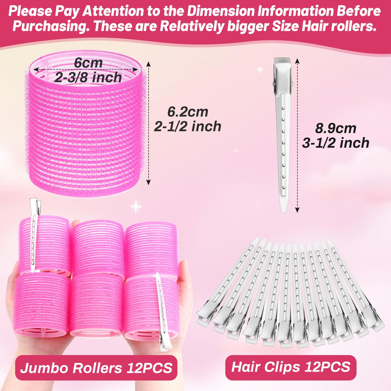 Jumbo Hair Rollers Set - 24 Pieces (12 Large Rollers + 12 Clips) for Voluminous Long Thick Hair - Hot Pink | Salon-Quality At-Home Styling for Curls & Waves