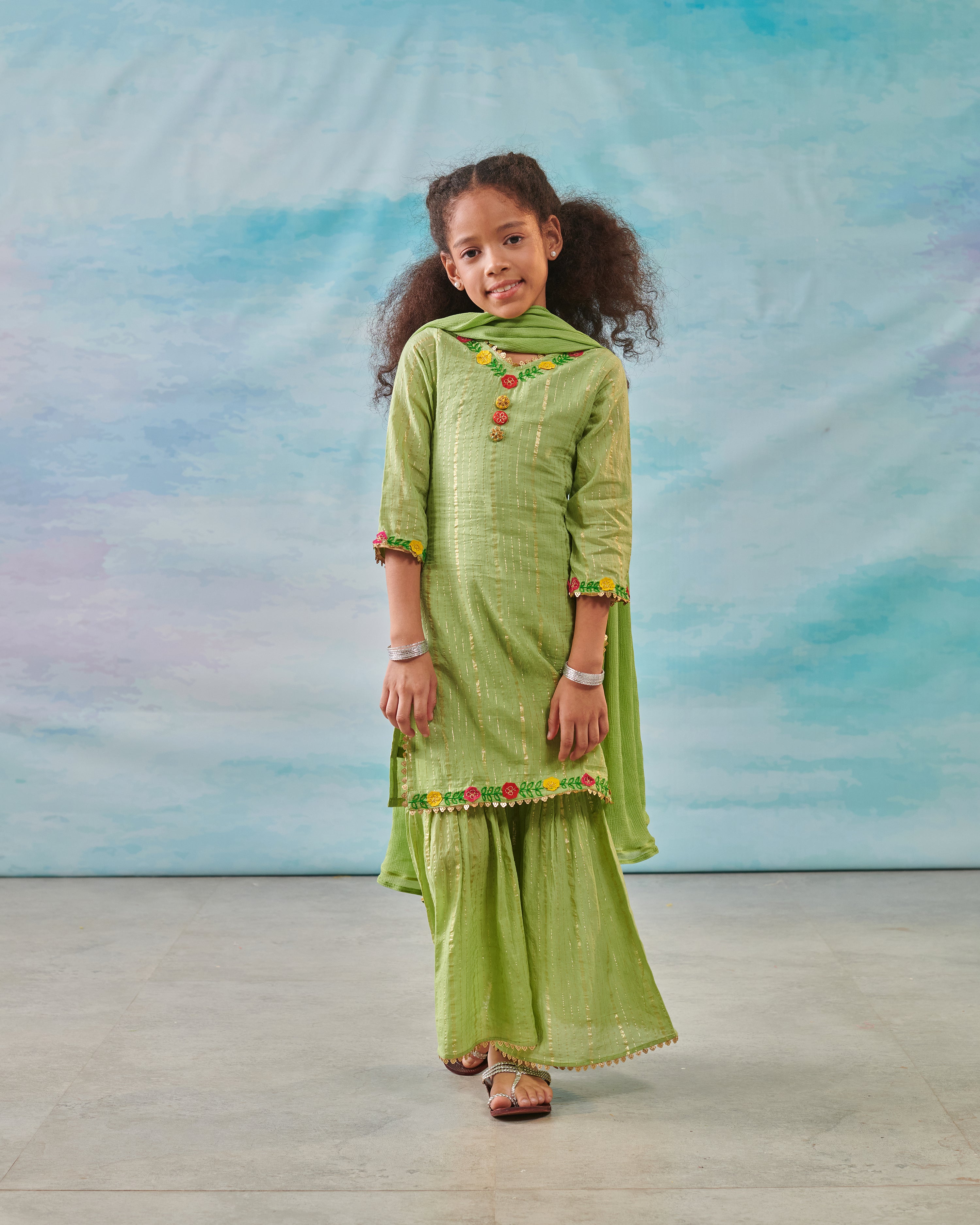 Pre Order: Elegant Green Embroidered Sharara Set for Girls – Perfect for Weddings, Festivals & Special Occasions
