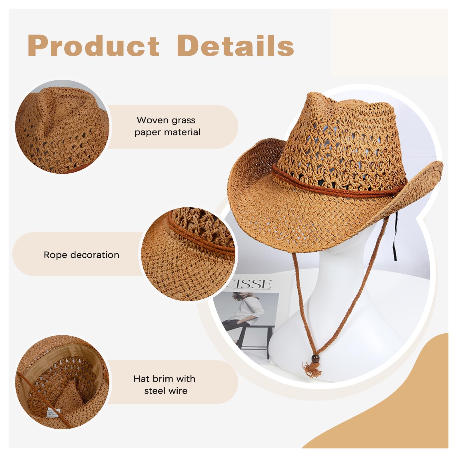Women's Straw Cowboy Hat - Wide Brim Sun Hat for Summer, Western Cowgirl Hat for Travel & Outdoor Activities - Perfect for Beach, Festival, and Ranch Use (Also Available in Men's Sizes)