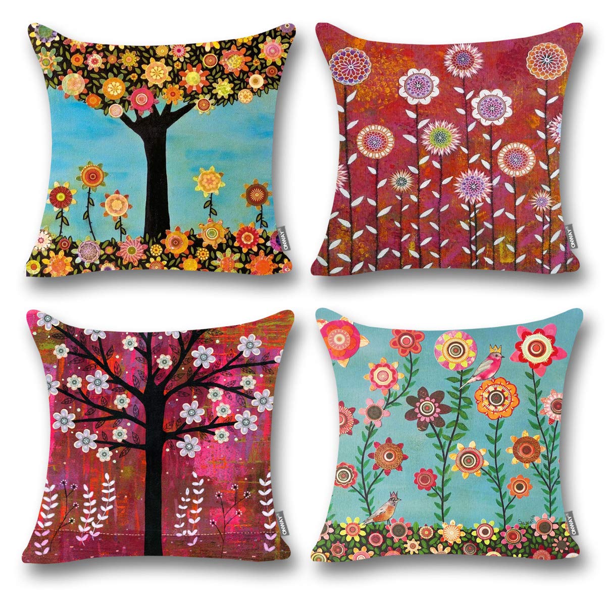 ONWAY Floral Tree Throw Pillow Covers 18x18 Inch - Set of 4 Oil Painting Inspired Decorative Cushion Covers for Sofa, Couch & Patio - Perfect for Living Room, Bedroom & Outdoor Decor