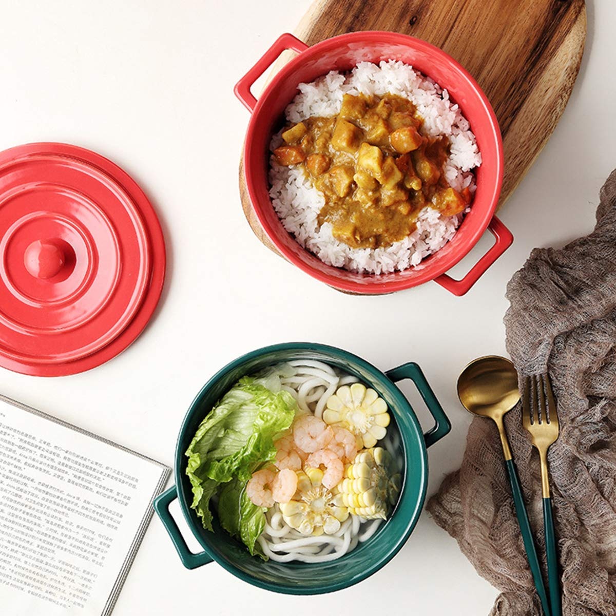 Ceramic Salad Bowl with Lid - Oven Safe Rice, Fruit, Instant Noodle & Dessert Bowl - Eco-Friendly Green Kitchenware for Home, Restaurant & Meal Prep