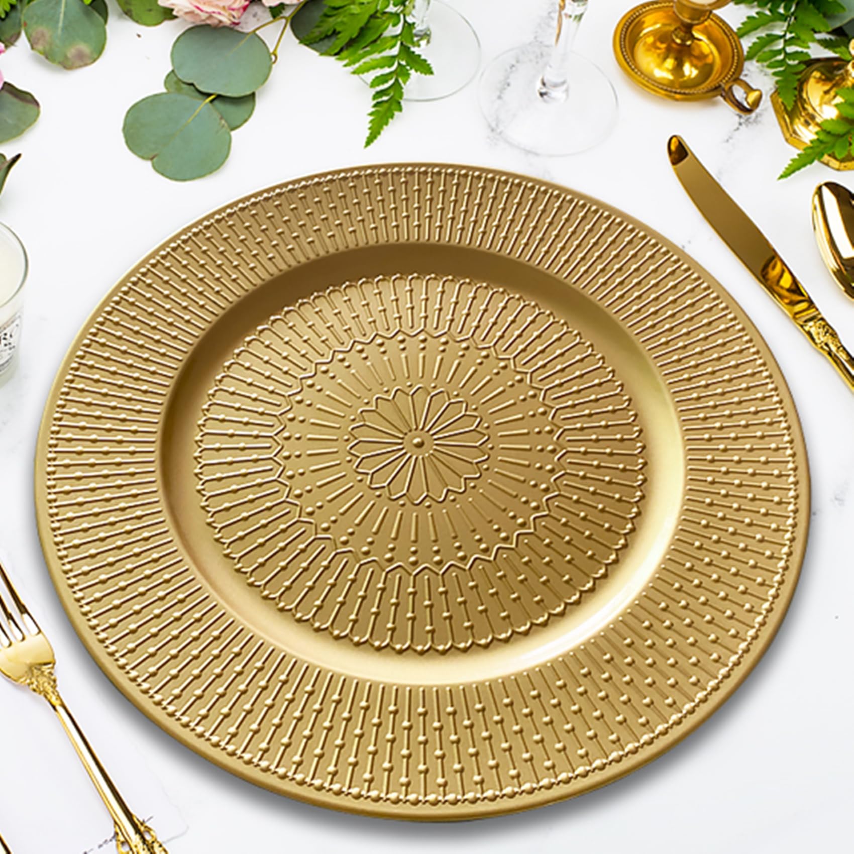 12 Pack Gold Round Charger Plates - 13 Inch Thick Decorative Dinner Plate Chargers for Wedding, Birthday, Christmas & Holiday Events - Perfect for Banquets, Thanksgiving Dinners & Church Celebrations