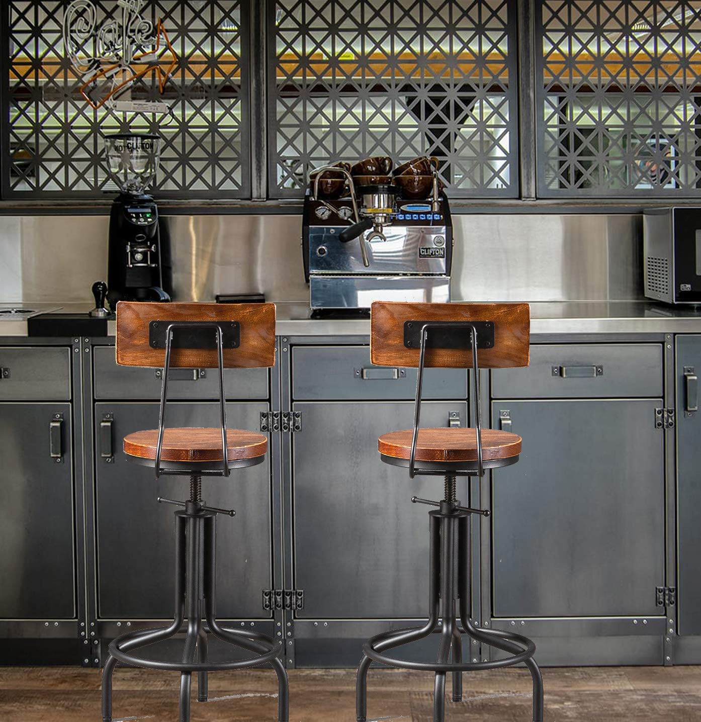Set of 2 Adjustable Height Industrial Bar Stools - Swivel Farmhouse Kitchen Dining Chairs with Backrest - 19.7 to 25.5 Inch Counter Height - Perfect for Breakfast Bars, Home Kitchens, and Restaurant Seating