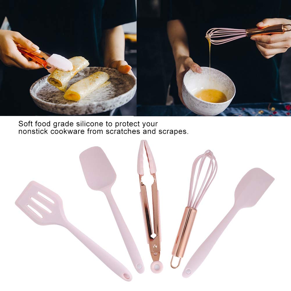 5-Piece Silicone Kitchen Utensil Set - Mini Baking Scrapers & Egg Beater with Rose Gold Handles - Safe Non-Toxic Children's Baking Tools for Cake Decorating, Cookie Dough, and DIY Dessert Making