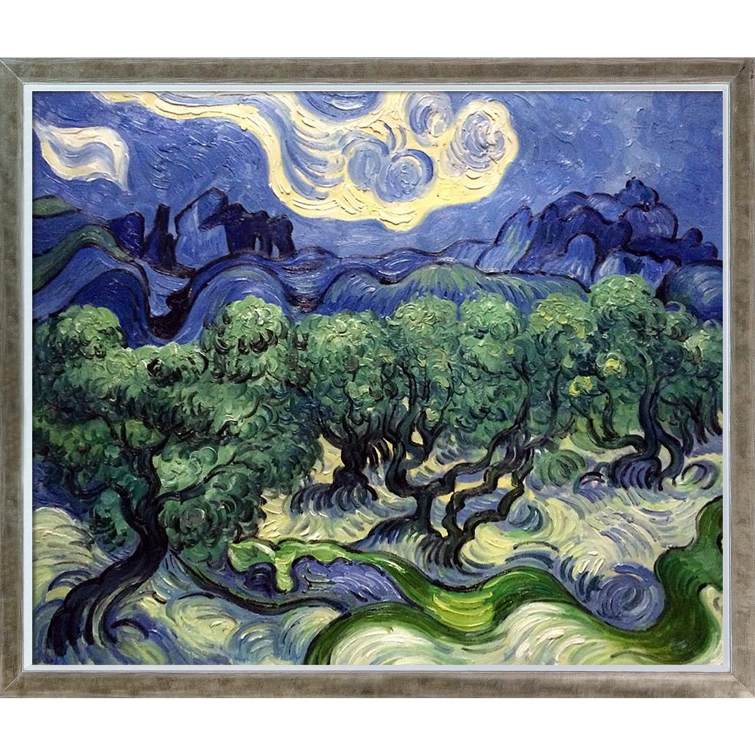 Hand Painted Oil Painting Reproduction - Olive Trees with Alpilles Background & Champagne Silhouette, Framed Wall Art (20x24 Inches) - Perfect for Living Room, Bedroom & Office Decor
