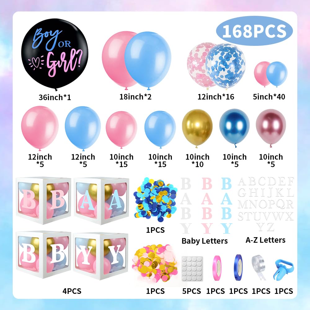168pcs Pink and Blue Baby Gender Reveal Balloon Decorations Kit - A-Z Letters & Baby Boxes for Baby Shower, 1st Birthday Party, Boy or Girl Gender Reveal Celebration | Perfect for Nursery Decor, Photo Backdrops & Festive Party Arches