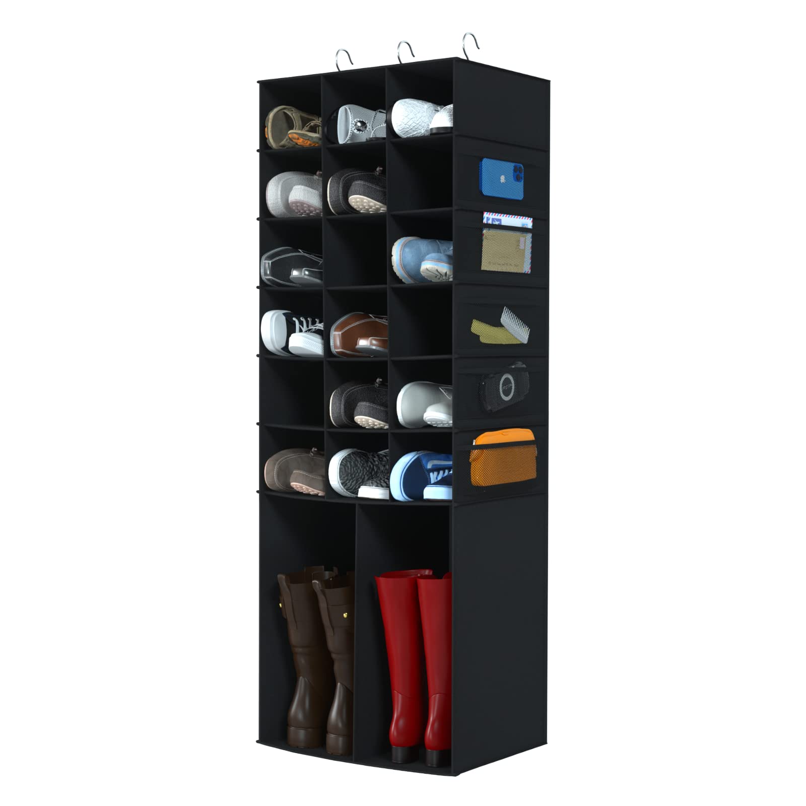 Coastal Rose Hanging Shoe Organizer for Closet - 18+2 Sections with 10 Mesh Pockets, Boot Storage & Closet Organization - Black | Perfect for Small Spaces, Bedroom, Entryway & Dorm Room Storage Solutions