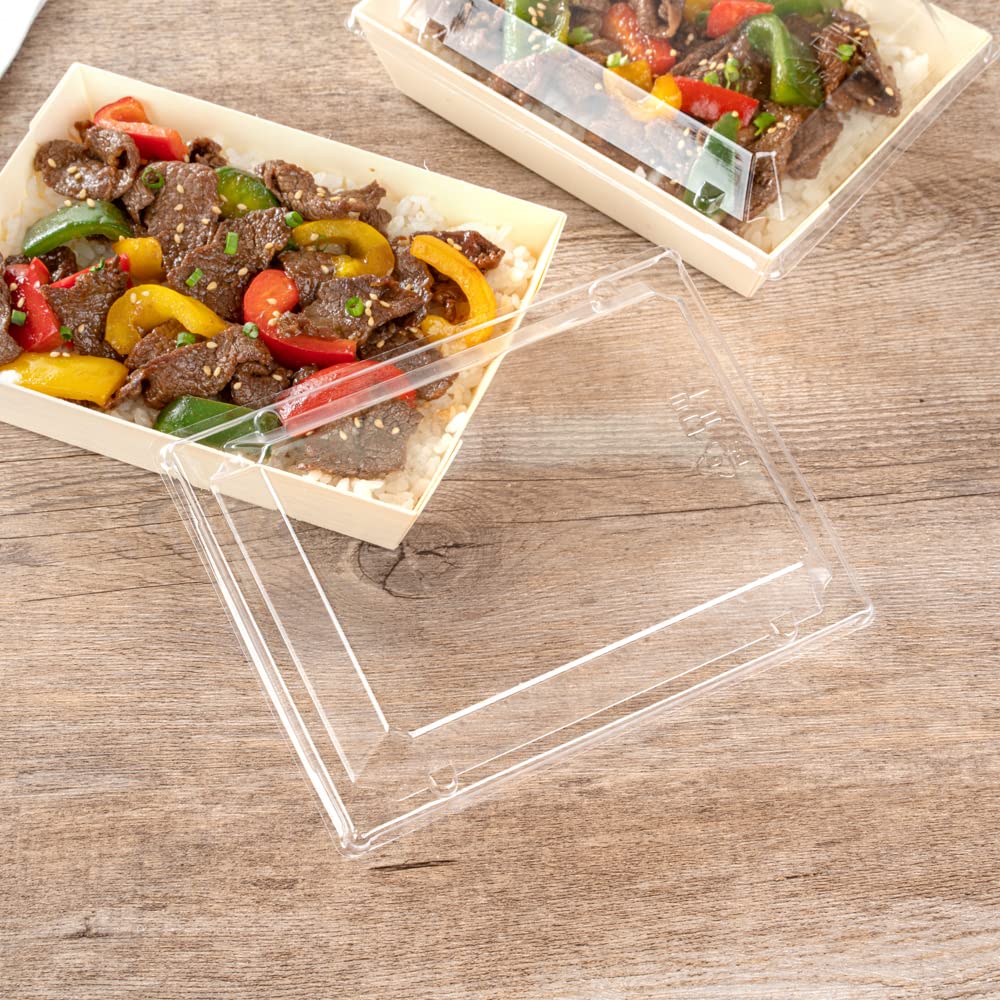 Restaurantware 100-Pack Clear Plastic Rectangle Lids 6.8 x 5.3 x 1.4 Inch - Fits 20oz Wooden Takeout Containers (Containers Sold Separately) | Perfect for Food Delivery, Catering & Meal Prep