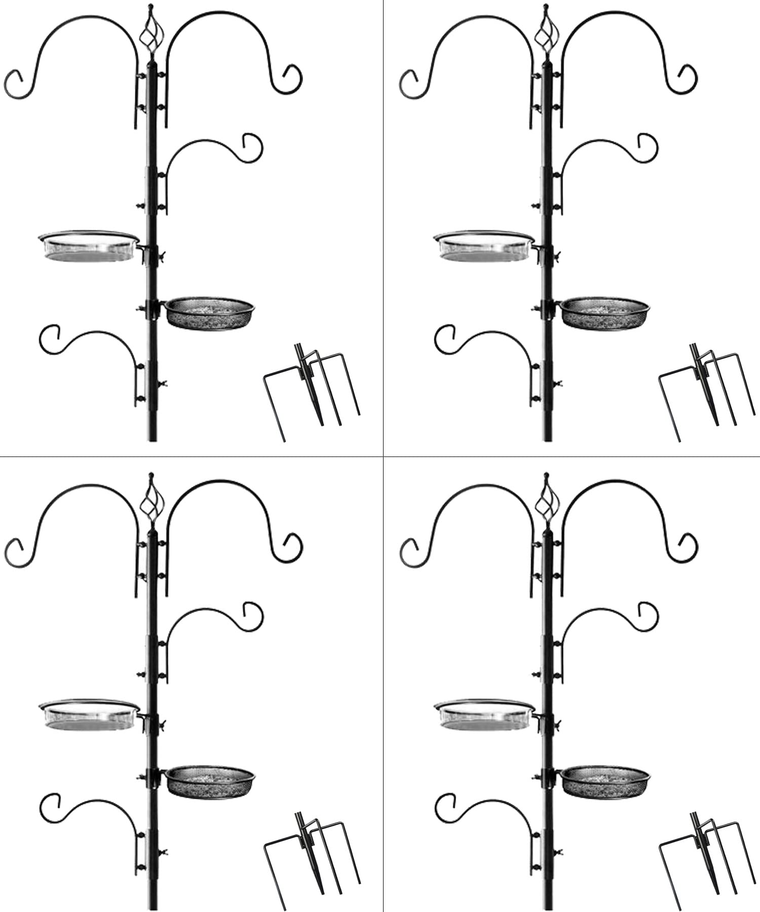 Ashman Deluxe 4-Pack Bird Feeding Station - Outdoor Bird Feeder Pole Stand Kit with 4 Hangers, Bird Bath & 3-Prong Base - Attracts Wild Birds (22