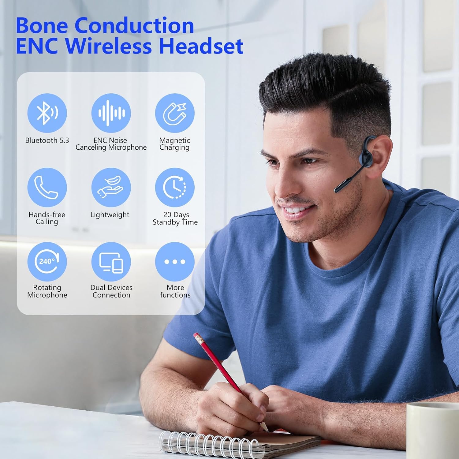 Bone Conduction Headphones with Mic - Open-Ear Bluetooth Headphones with Noise Canceling Boom Mic | Wireless Stereo Headset for Running, Cycling, Workouts & Outdoor Activities | Perfect for Meetings, Driving, Home Office & Online Classes