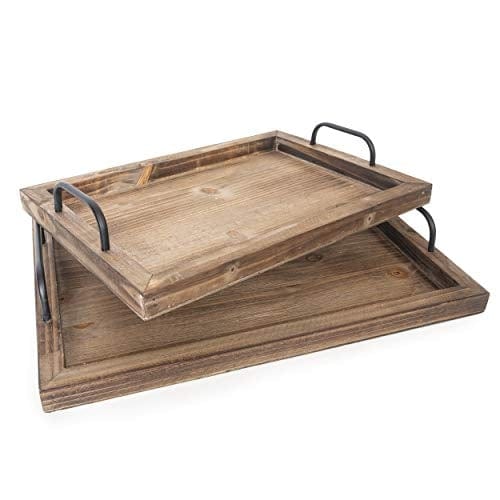 Besti Rustic Vintage Wooden Serving Trays Set of 2 - Farmhouse Style Nesting Food Platters with Metal Handles for Charcuterie, Cheese & Appetizers - Large 15