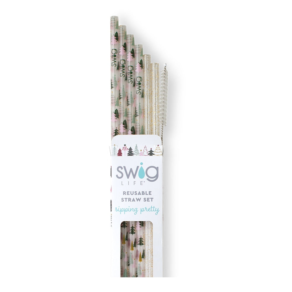 Glitter Reusable Straw Set with Tinsel Trees & Gold Accents - Perfect for Christmas Parties, Weddings & Holiday Decorations