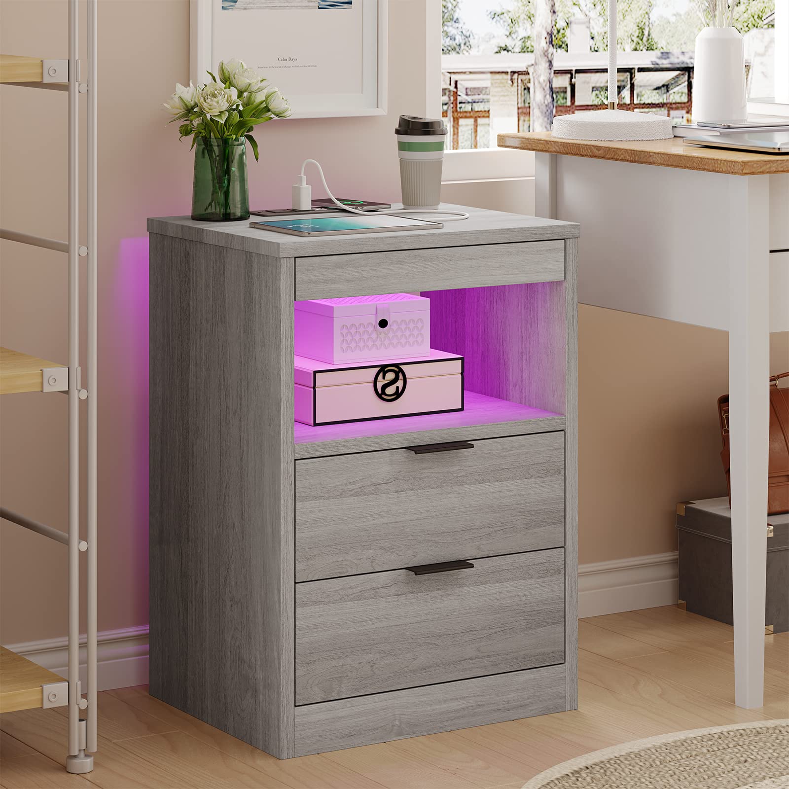 Tiptiper LED Nightstand Set of 2 - Modern Gray Bedside Table with Wireless Charging, 2 Drawers & Pull-Out Shelf - Storage End Table for Bedroom, Living Room & Office