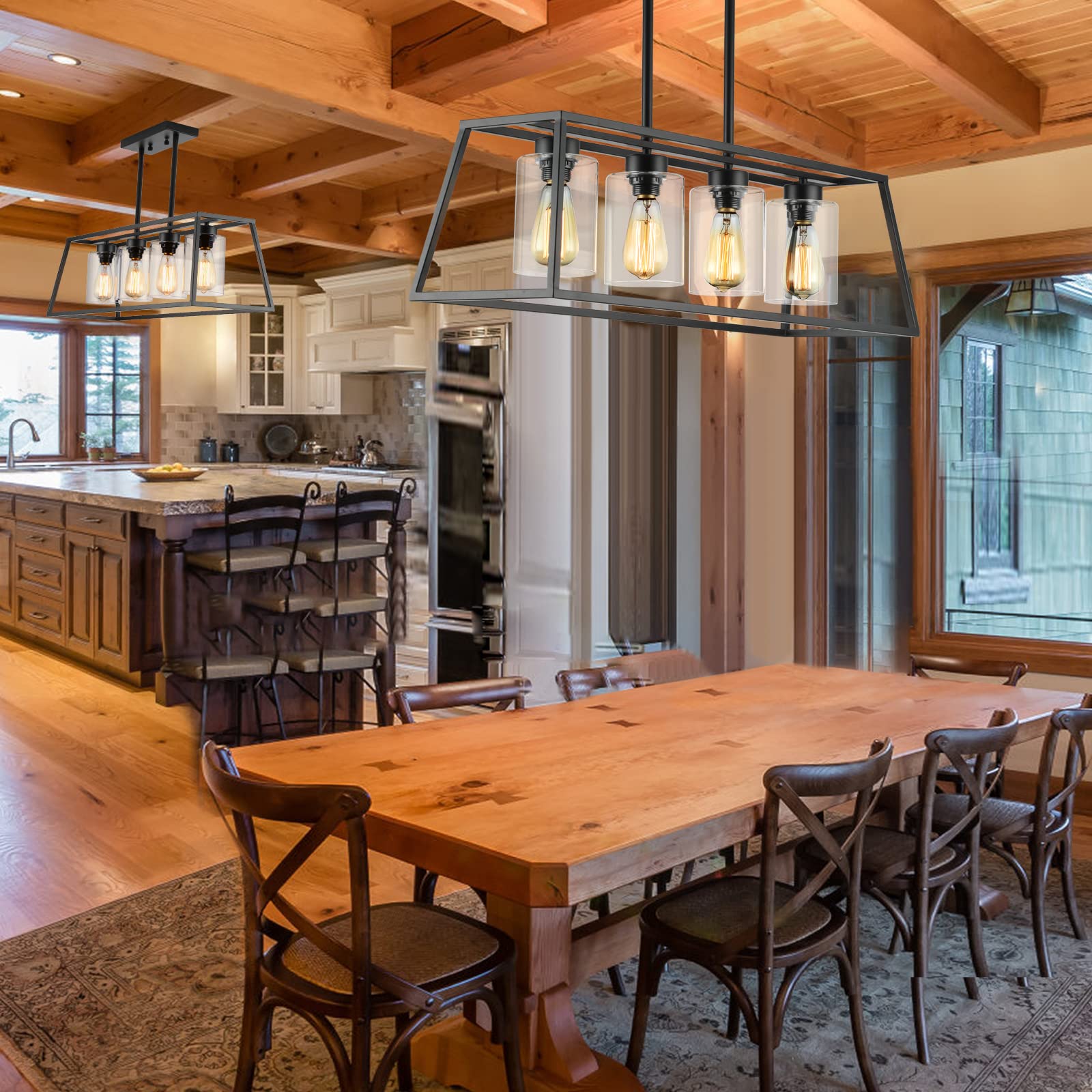 Black Farmhouse Chandeliers for Dining Room, Rustic Kitchen Island Pendant Light, 4-Light Linear Pendant Lamp with Glass Shade, Perfect for Dining Room Lighting Over Table and Kitchen Island