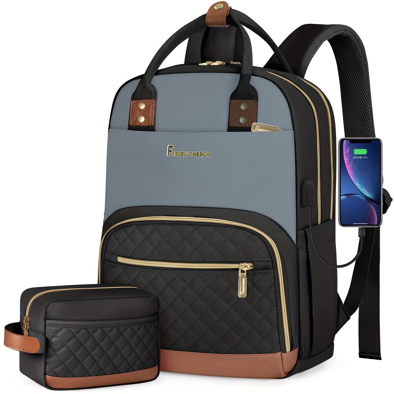 Women's Travel Backpack with USB Charger & Toiletry Bag - 15.6 Inch Laptop Backpack for College, Flight Approved Carry-On Backpack (Black-Grey) - Perfect for Business Trips, Commuting & Weekend Getaways