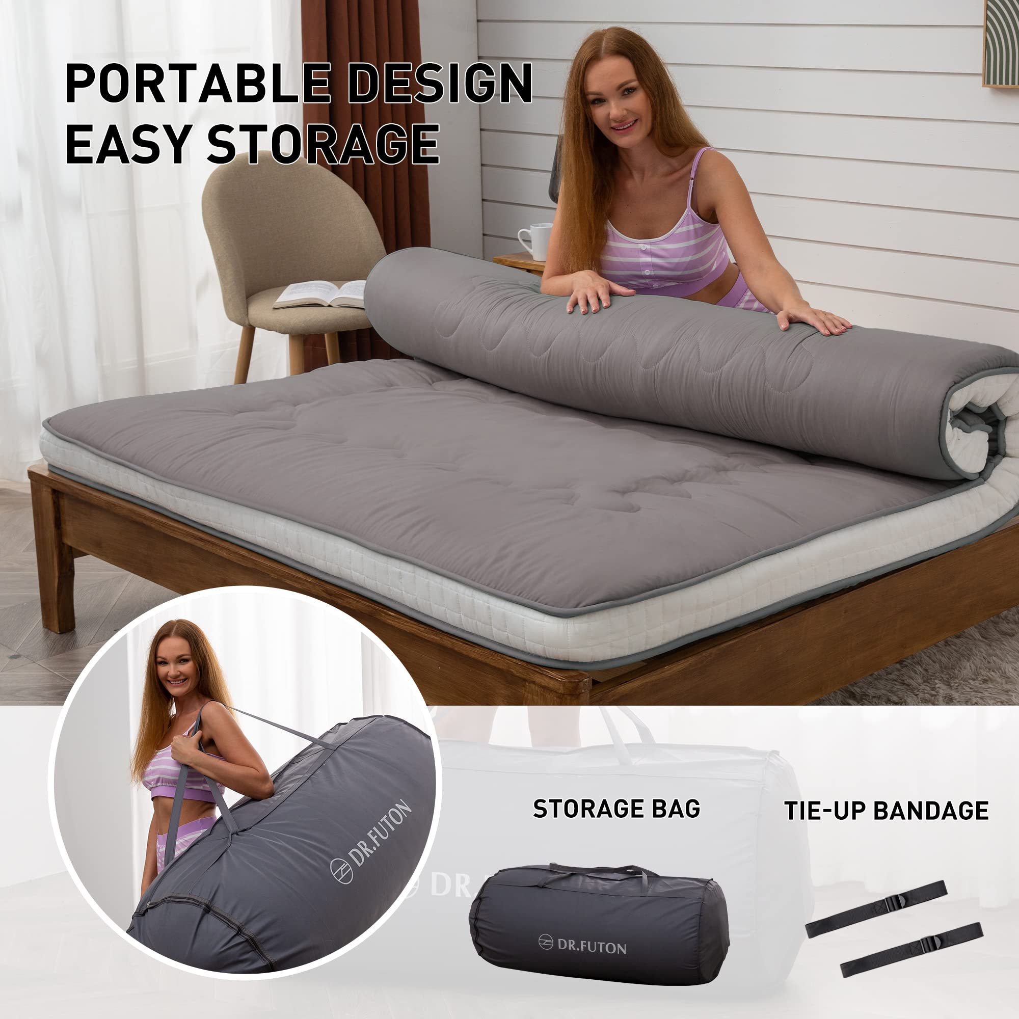 Japanese Floor Futon Mattress - Extra Thick Foldable Roll Up Bed Topper Mat for Guest, Lounger & Travel | Portable Sleeping Solution for Small Spaces, Camping & Home Use