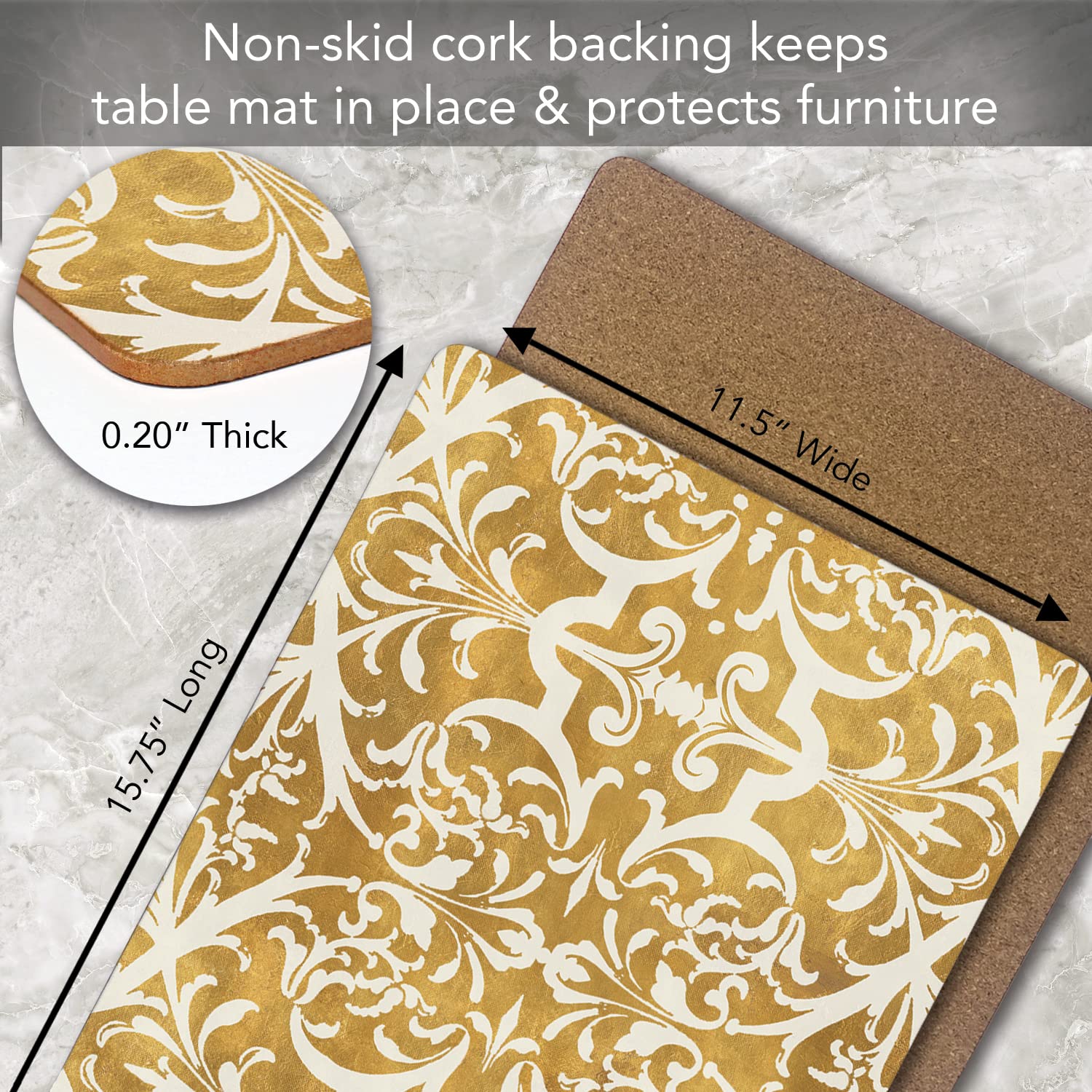 Premium Gilded Decorative Hardboard Cork Back Tabletop Placemats - Set of 4 - Heat Resistant & Easy to Clean - Made in USA - Perfect for Dining Tables, Kitchen Countertops & Home Decor