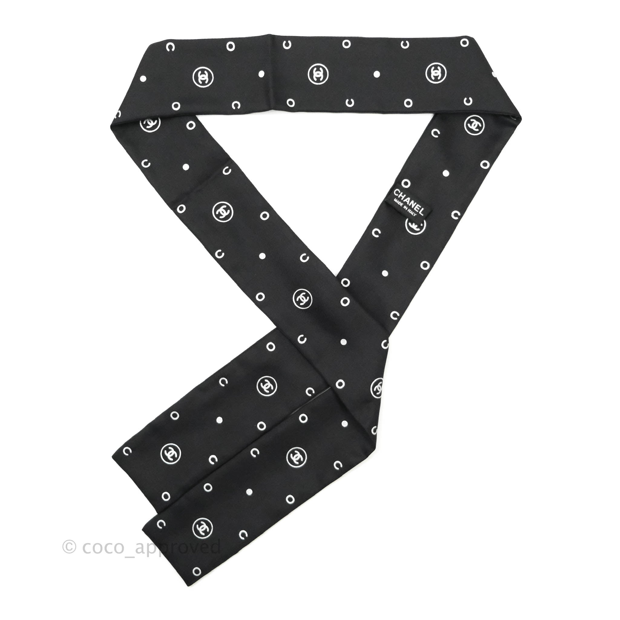 Chanel CC Silk Twilly Scarf - Black & White Luxury Fashion Accessory for Women | Perfect for Handbags, Hair & Gift Giving