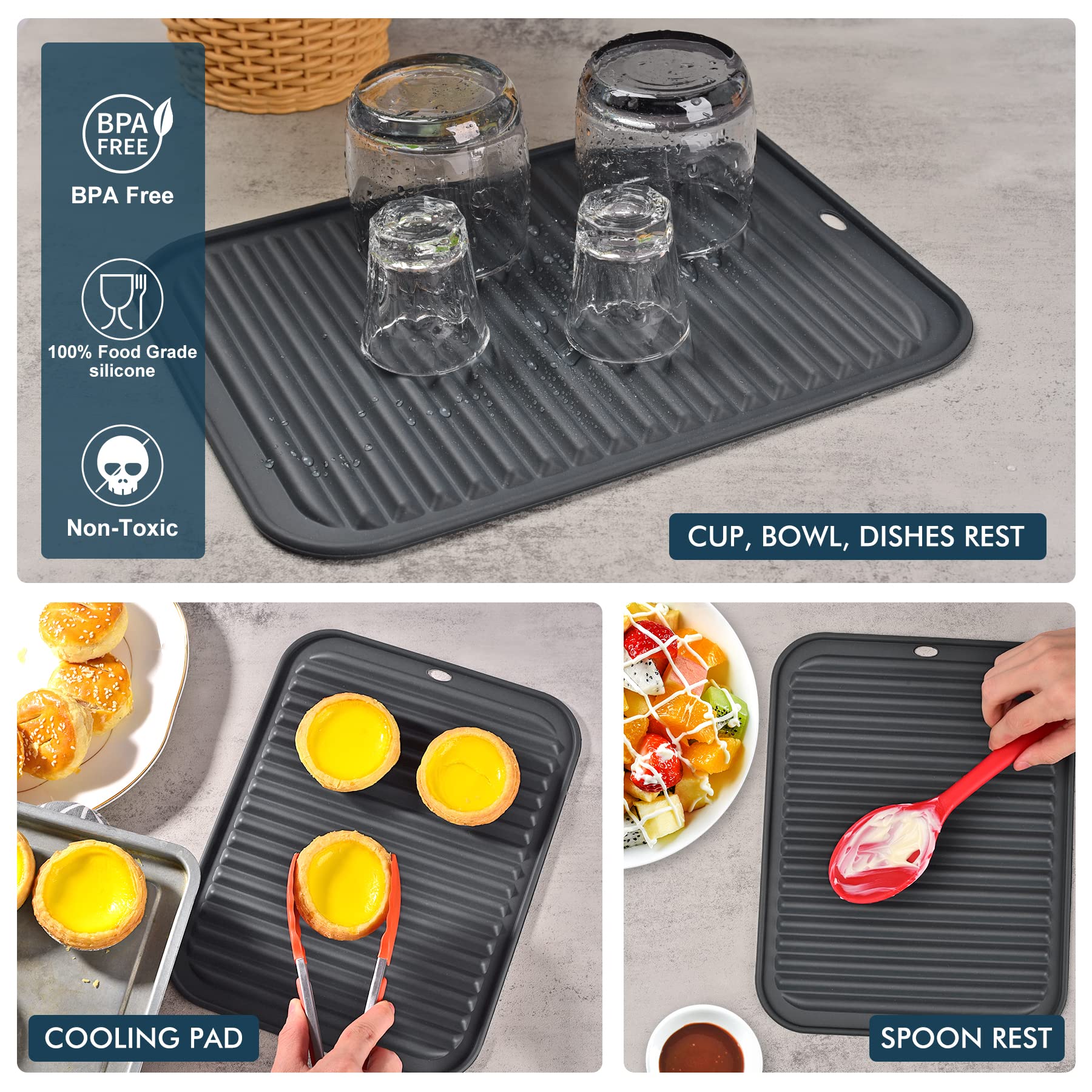 HOTEC Silicone Trivets for Hot Pots and Pans - Heat Resistant Kitchen Counter Protector & Dish Drying Mat Set of 2 (Dark Grey) - Perfect for Dining Table, Stovetop, and Countertop Protection