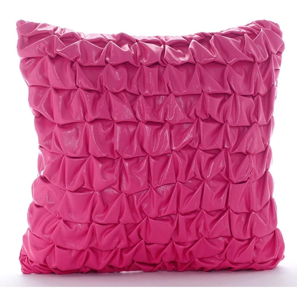 Hot Pink Faux Leather Euro Pillow Shams 26x26 Inch (65x65 cm) - Modern Textured Checkered Design with Knots - Solid Color Decorative Euro Size Pillow Covers for Living Room, Bedroom & Sofa Decor