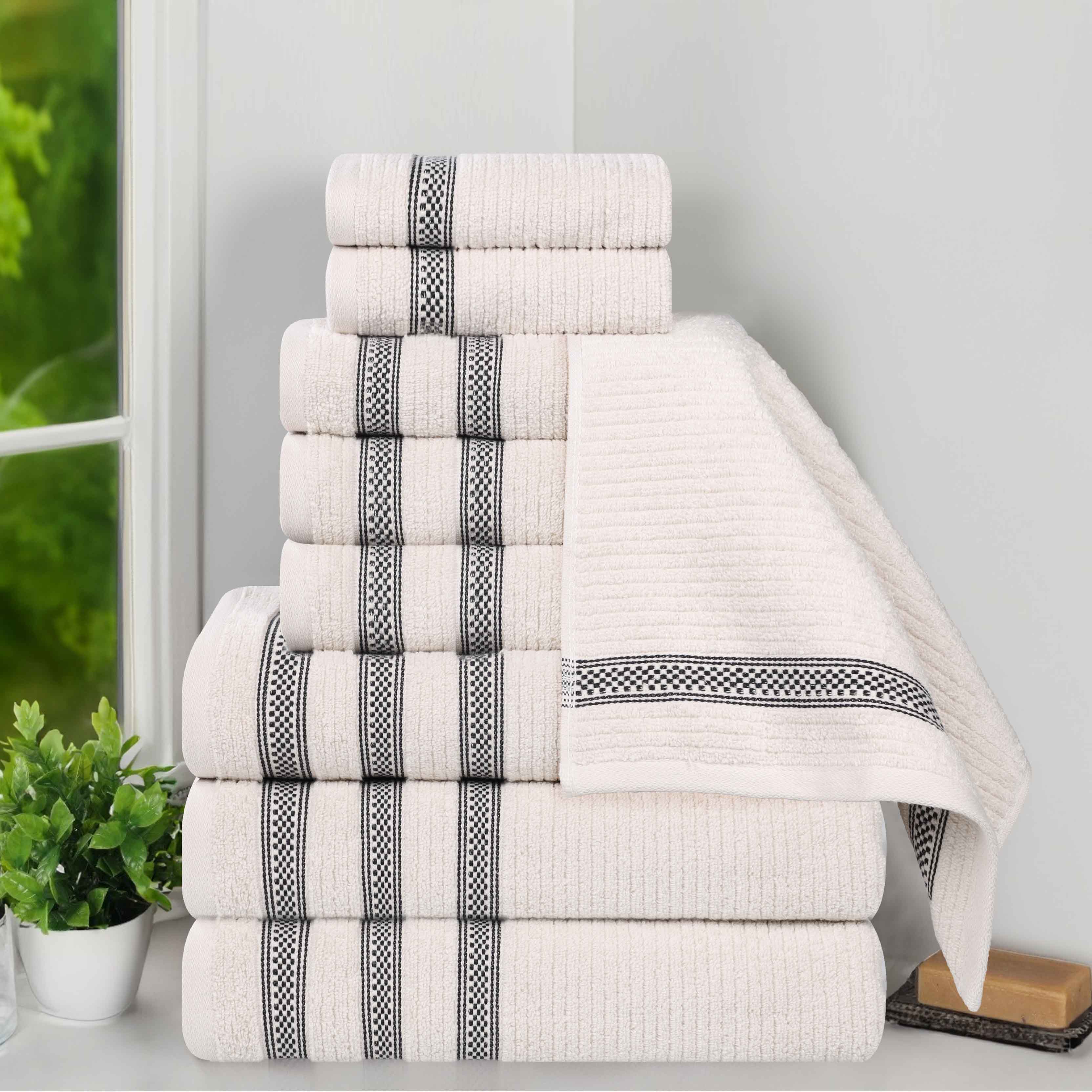 Zero Twist Cotton Ribbed Geometric Border Plush 9-Piece Towel Set | Ultra Soft Bath & Beach Towels for Spa, Pool & Home Use
