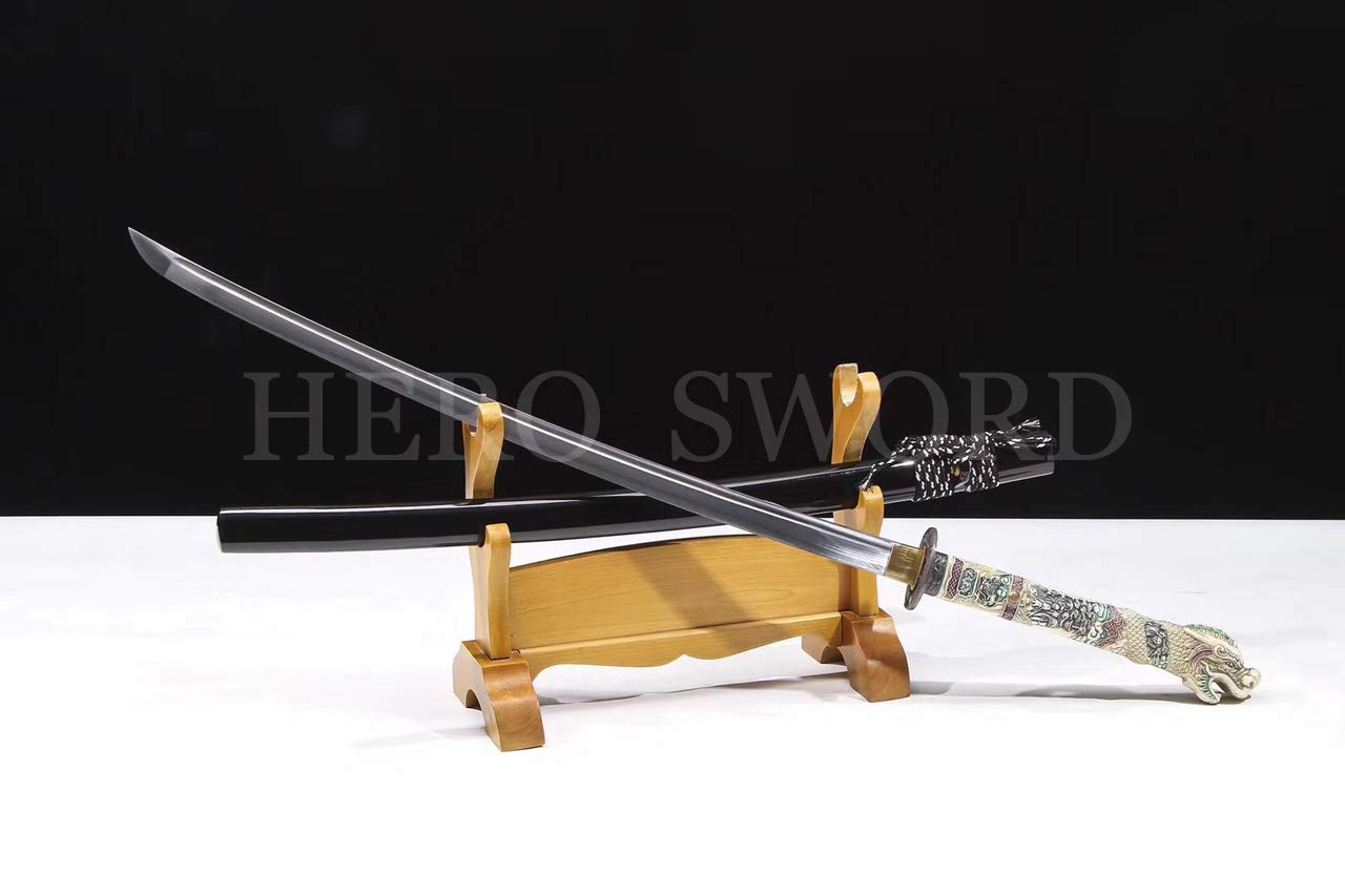 Handmade Full Tang Japanese Samurai Sword - Spring Steel Dragon Head Katana - Ultra Sharp Battle Ready Blade for Cosplay, Martial Arts & Collectors