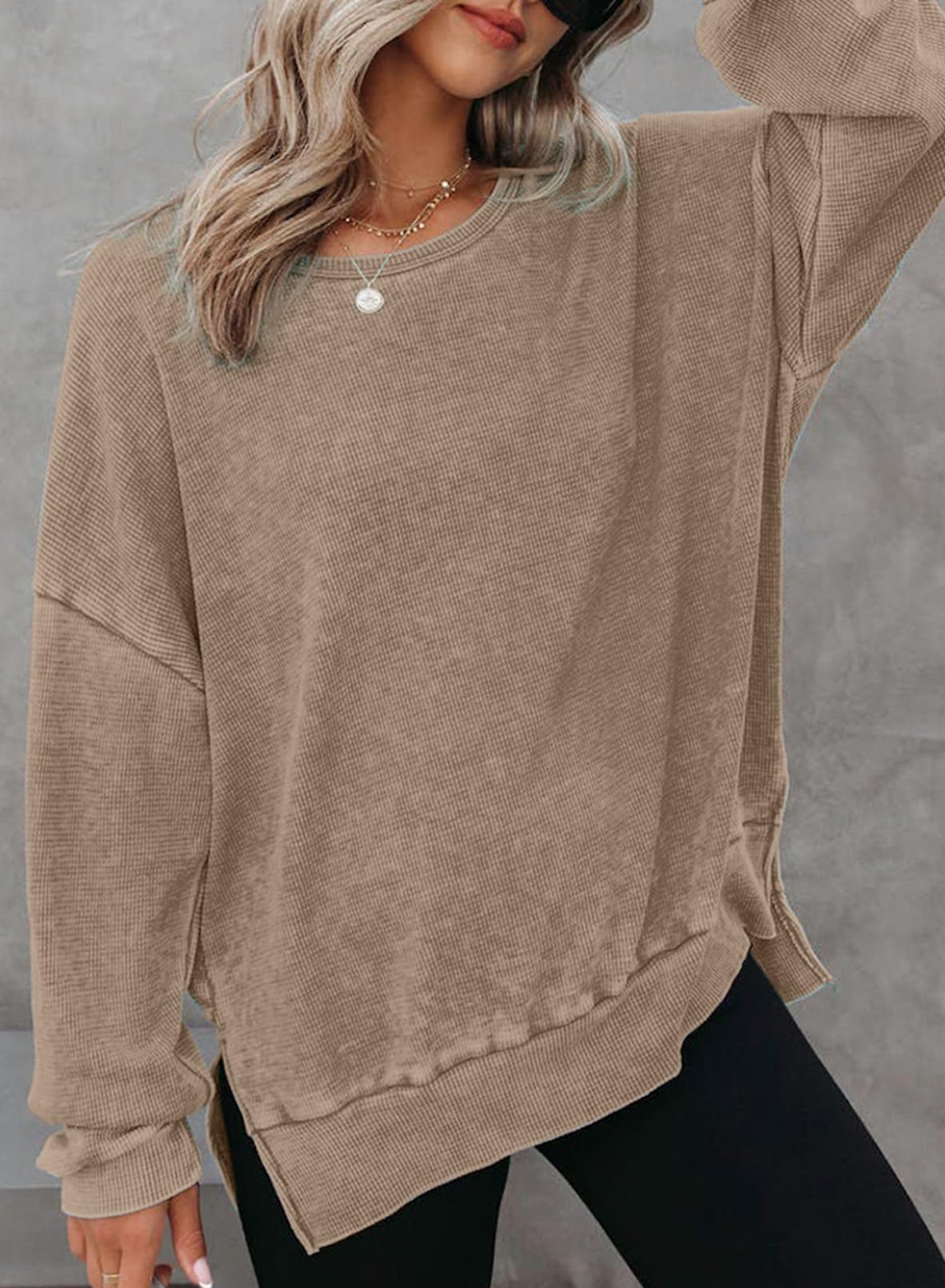 Women's Oversized Waffle Knit Sweatshirt - Long Sleeve Crewneck Pullover with Side Slits | Casual Loungewear & Fall Fashion for Everyday Wear