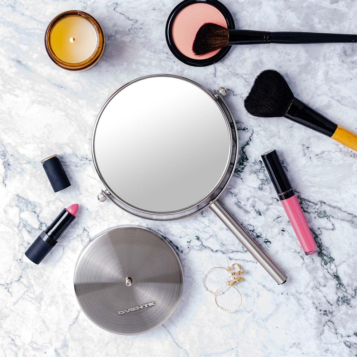 OVENTE 6-Inch Double-Sided Vanity Mirror with 1X/7X Magnification, 360° Swivel Stand - Brushed Nickel Makeup Mirror for Dresser, Bedroom & Office Desk | Perfect for Makeup Application, Skincare Routine & Grooming