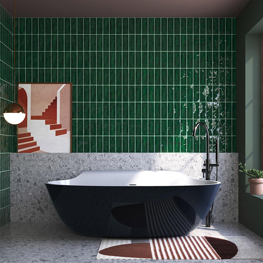 Handmade Zellige Glossy Subway Tile 70x190mm in Havana Hunter Green - Perfect for Kitchen Backsplash, Bathroom Walls & Modern Interior Design