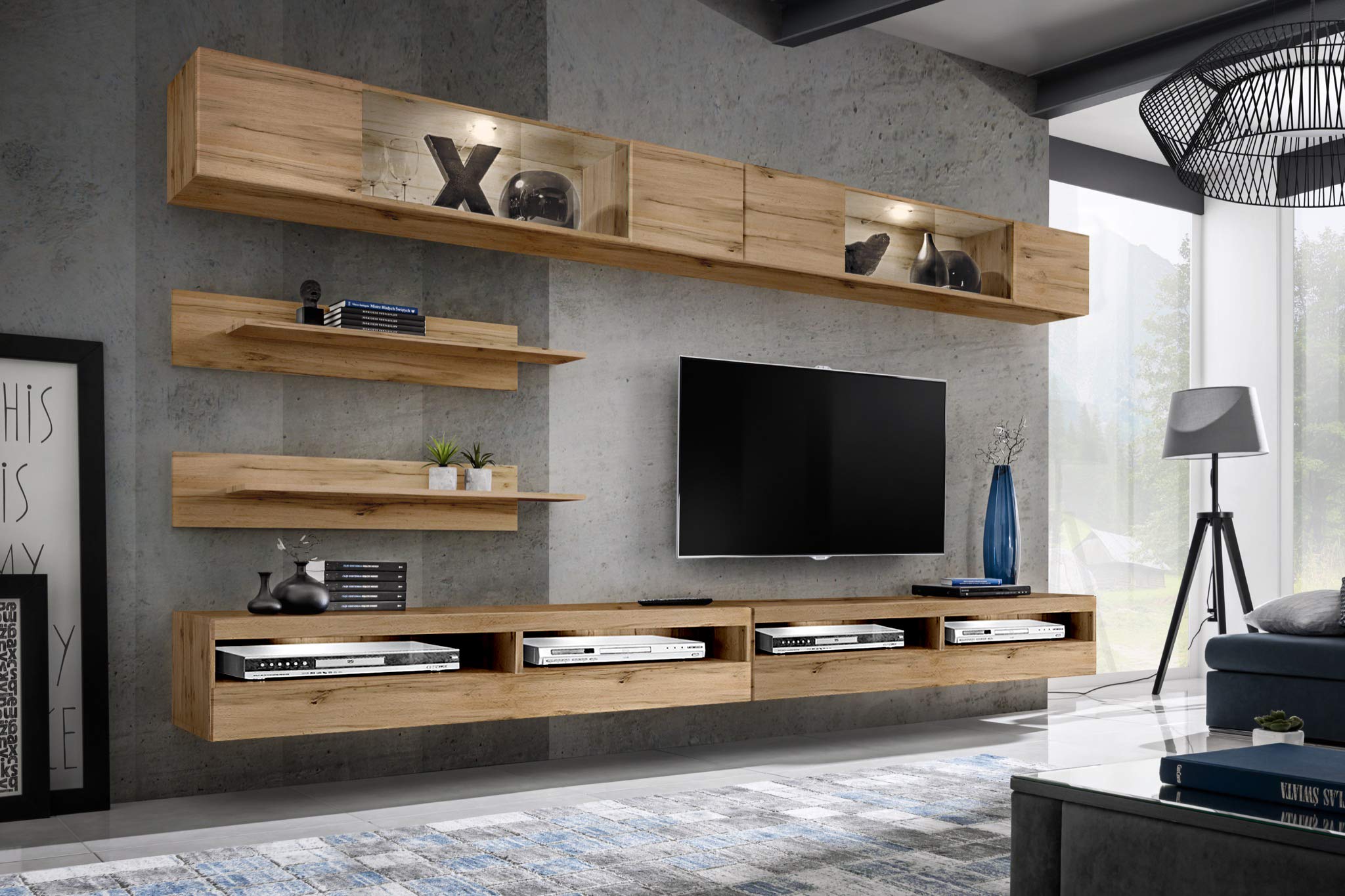 Modern Oak Wall-Mounted TV Stand with Storage Shelves & LED Lights - Floating Entertainment Center Console for Living Room & Bedroom - Perfect for Small Spaces & Home Theater Setup
