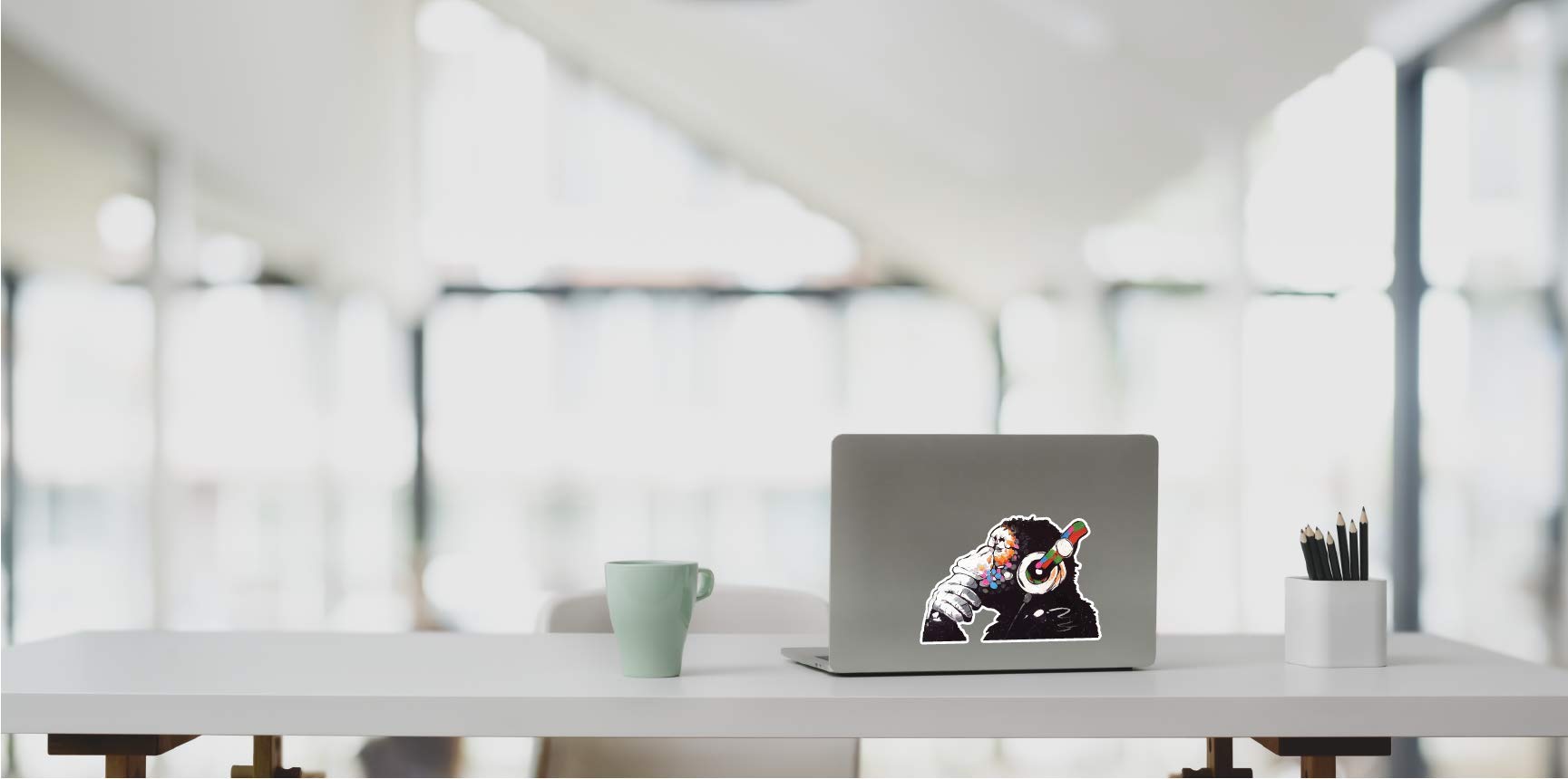 Banksy Thinker Monkey Headphones Wall Art Sticker - Urban Graffiti Vinyl Decal for Windows, Cars, Laptops (20x14cm) - Perfect for Home Decor, Office & Gift Giving