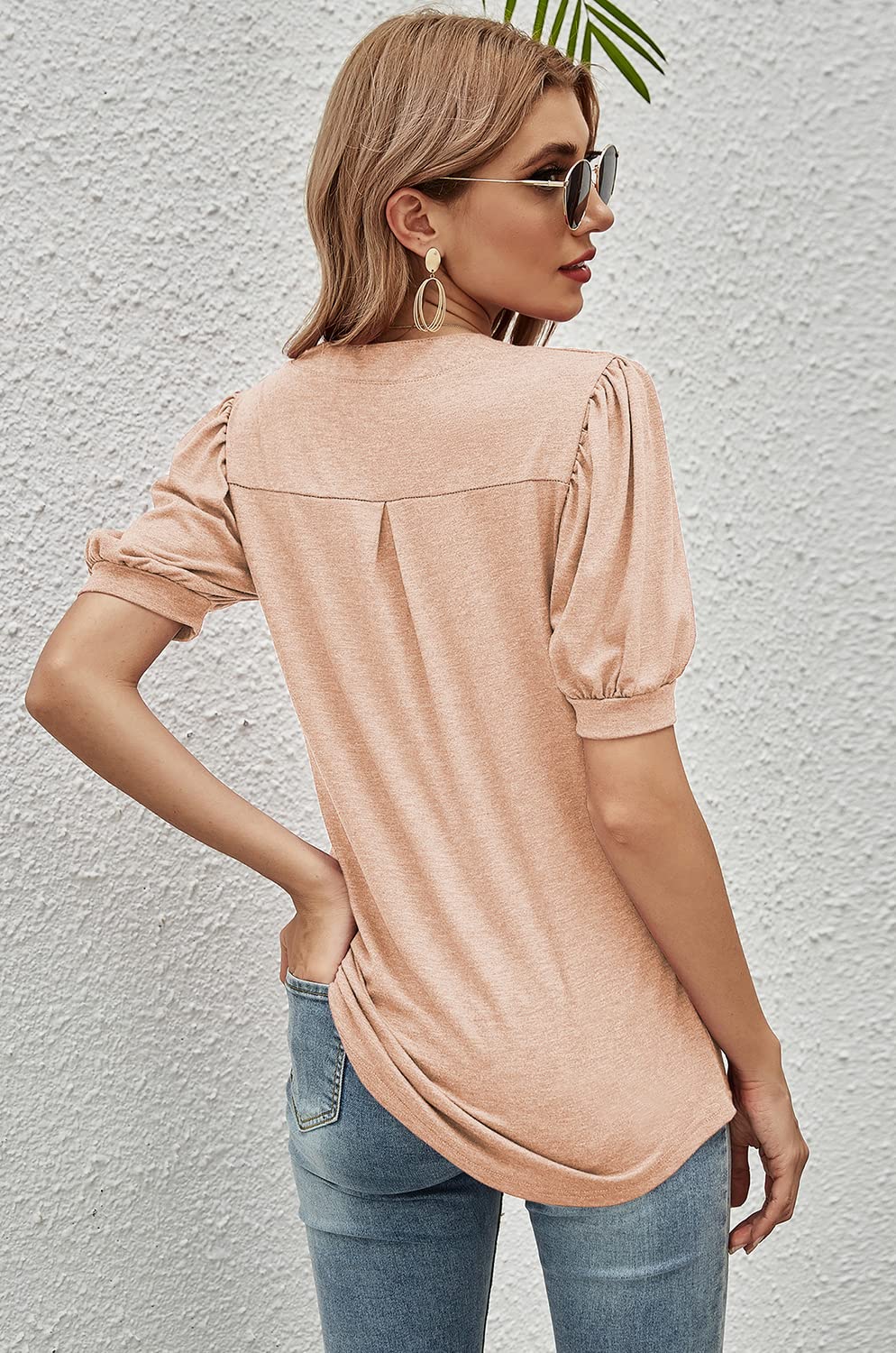 Romanstii Women's Casual V-Neck T-Shirt - Loose Fit Puff Short Sleeve Tunic Top for Summer | Comfortable Everyday Wear for Outings, Work & Relaxation