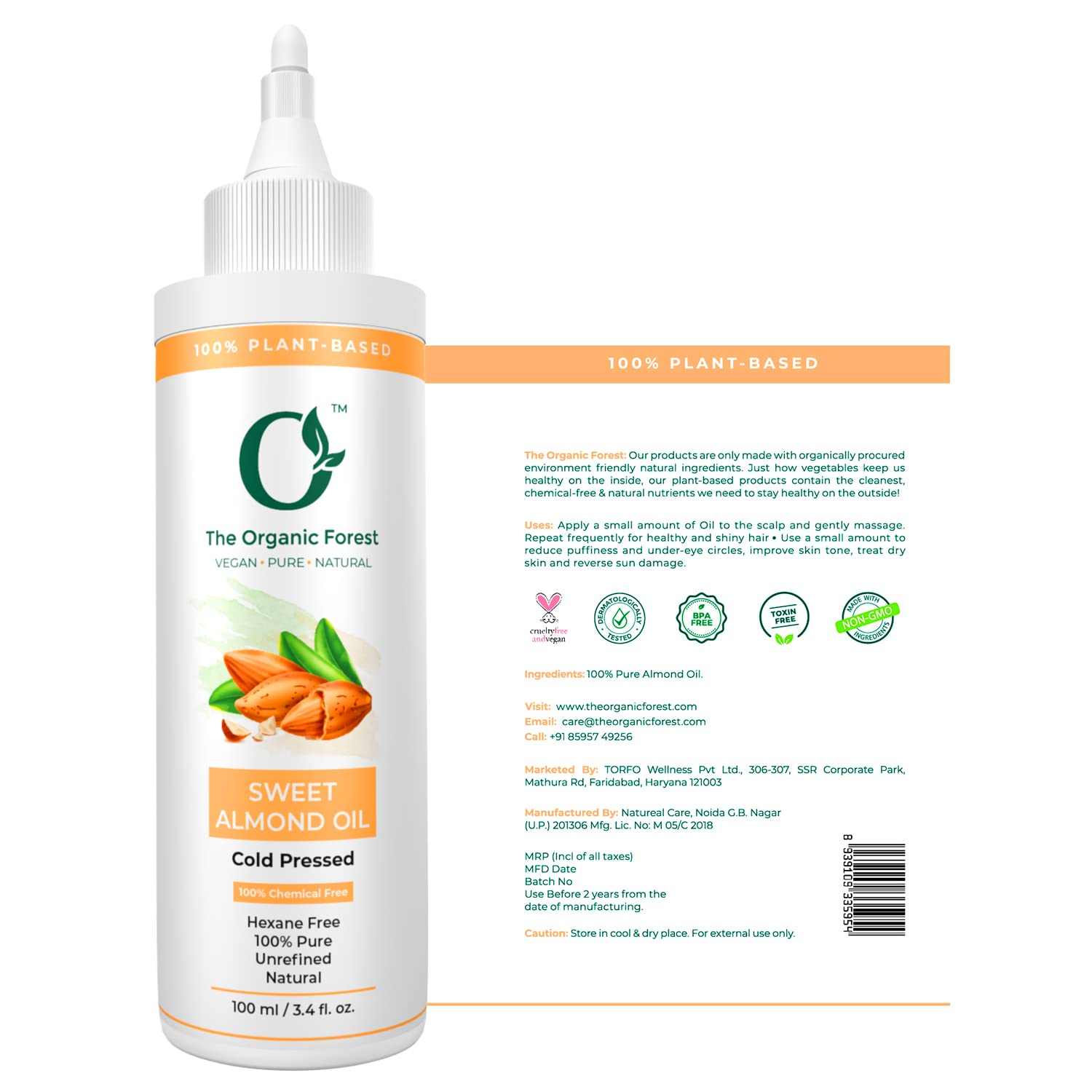 Organic Sweet Almond Oil for Skin, Face & Hair - 100% Pure, Cold Pressed, Unscented, Vegan & Natural Moisturizing Oil for Men & Women | Promotes Hair Growth & Hydration | Perfect for Massage, DIY Beauty & Aromatherapy | 100ml