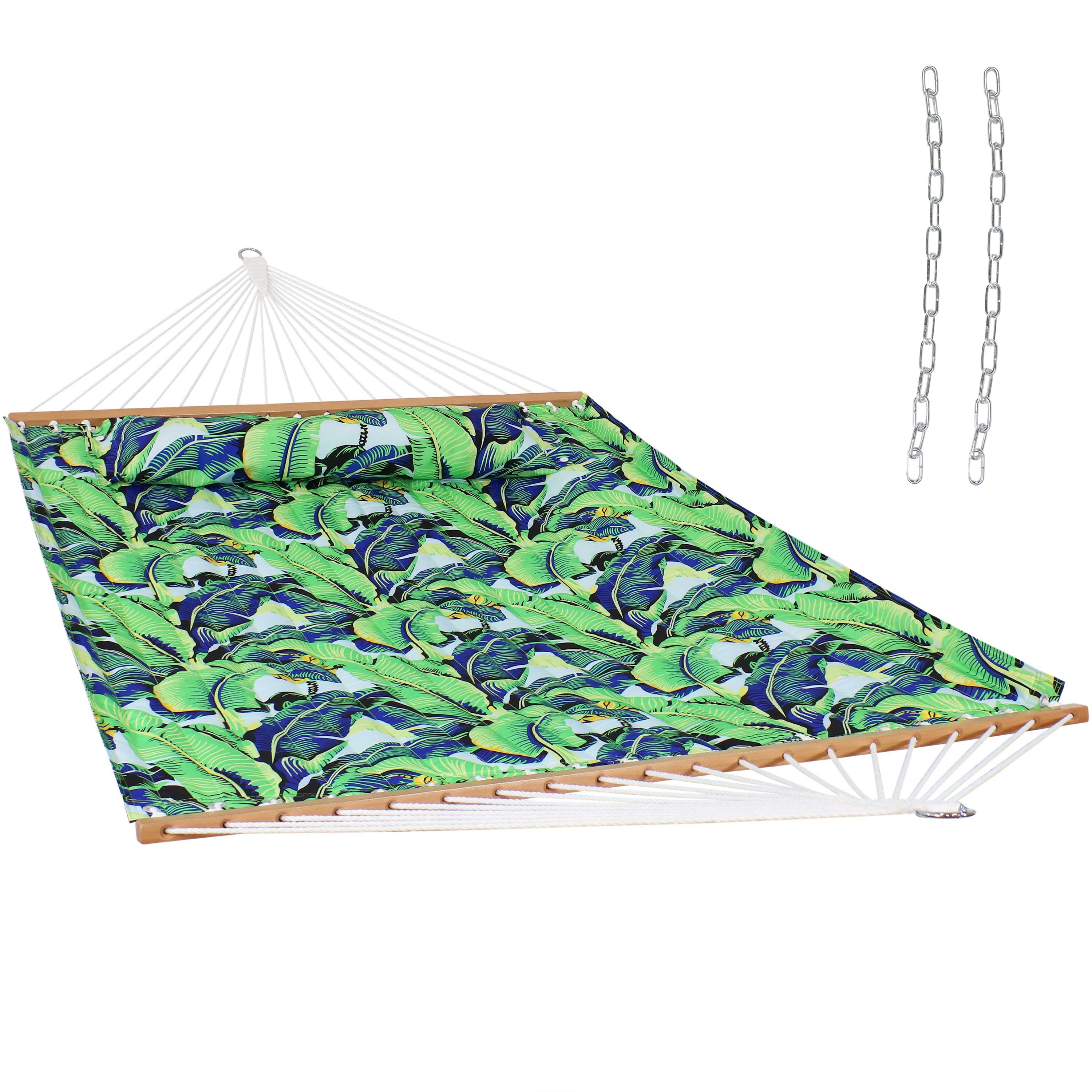 Sunnydaze 2-Person Fabric Spreader Bar Hammock with Pillow - Outdoor Relaxation for Backyard, Patio & Camping