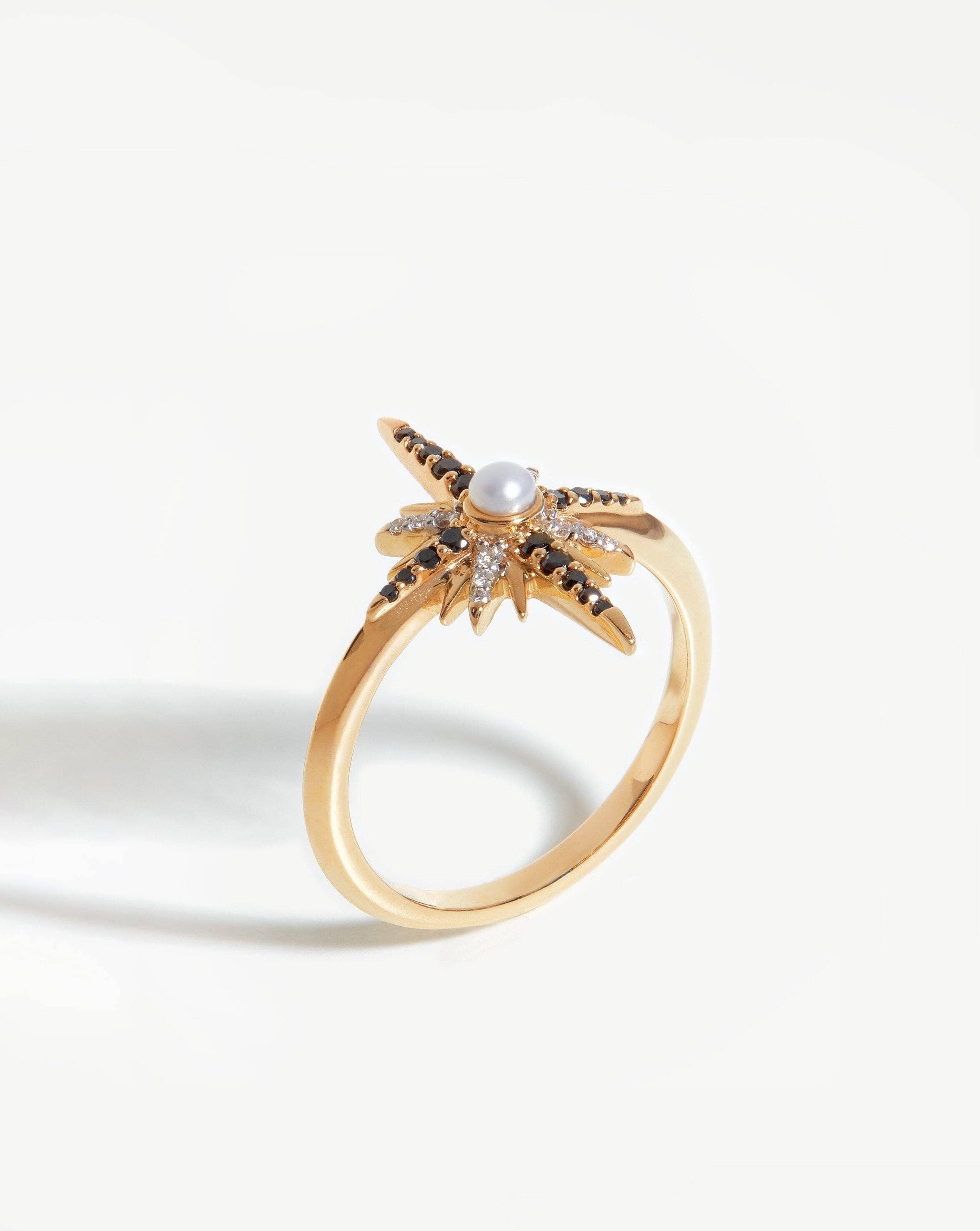 Harris Reed Fine Starlight Ring - 14k Solid Gold with Genuine Pearl & Diamond Accents | Elegant Jewelry for Women, Perfect Gift for Anniversary, Valentine's Day & Special Occasions