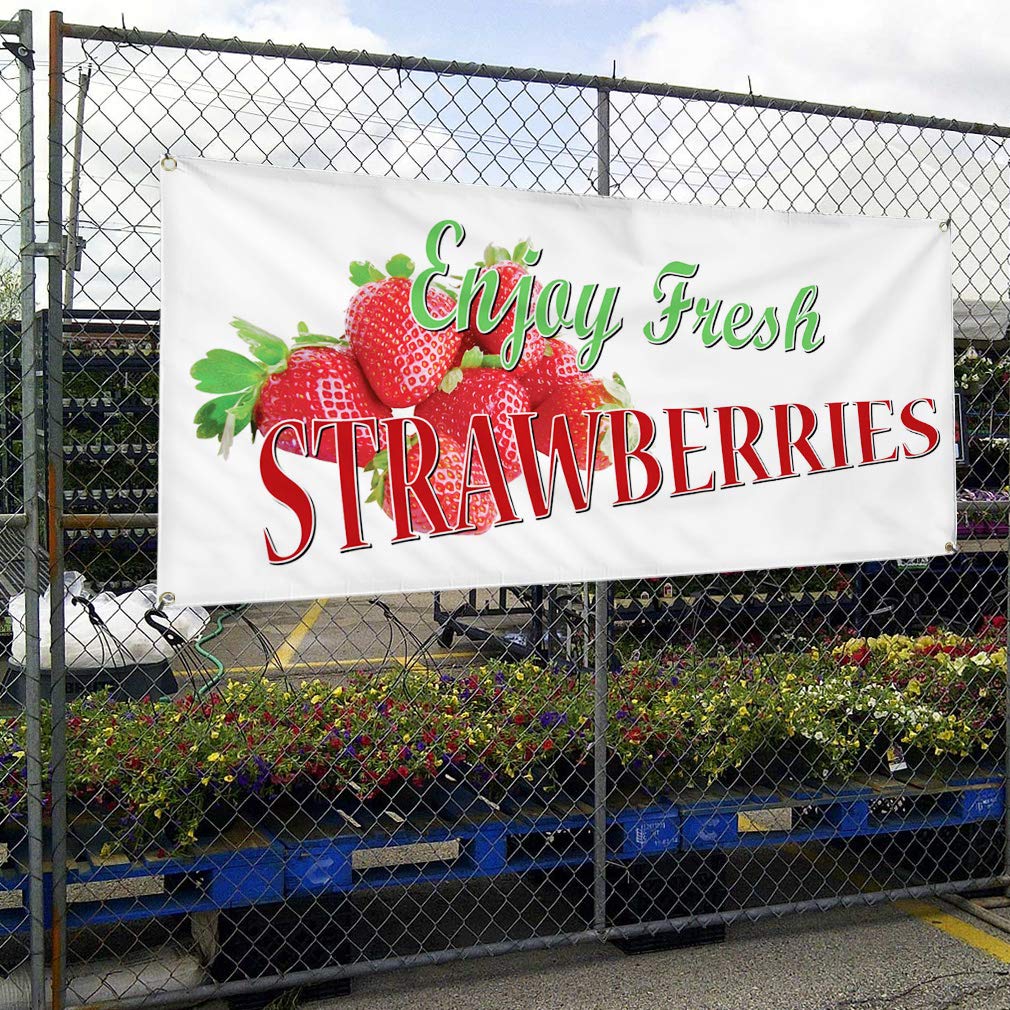 Durable 48x96 Inch Vinyl Banner with 8 Grommets - Weatherproof Outdoor Sign for Restaurants, Cafes & Food Businesses - Perfect for Strawberry Promotions, Yard Sales & Industrial Use