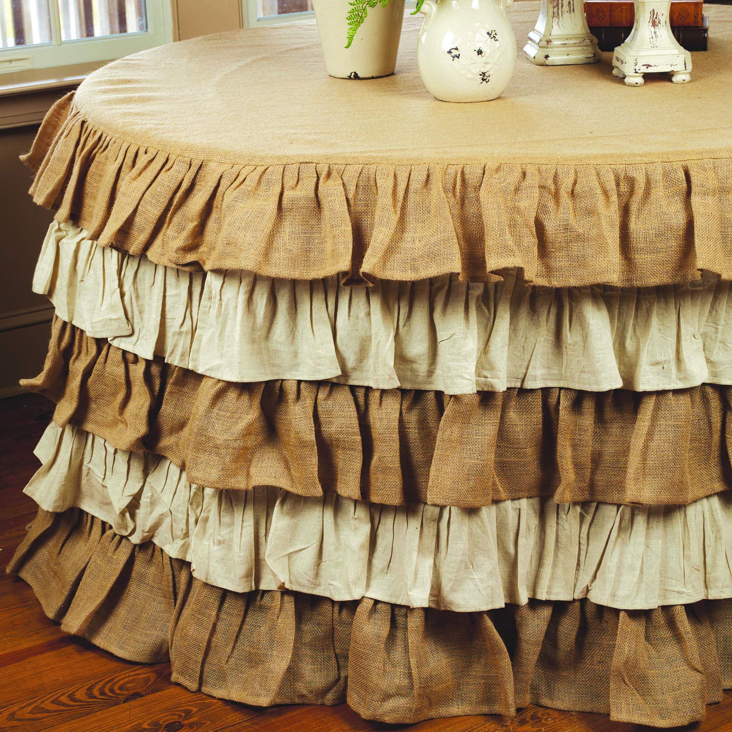 Elegant 5-Foot Round Tablecloth with Multi Ruffle Burlap & Cream Design - Perfect for Farmhouse Weddings, Rustic Dining, and Country-Themed Events