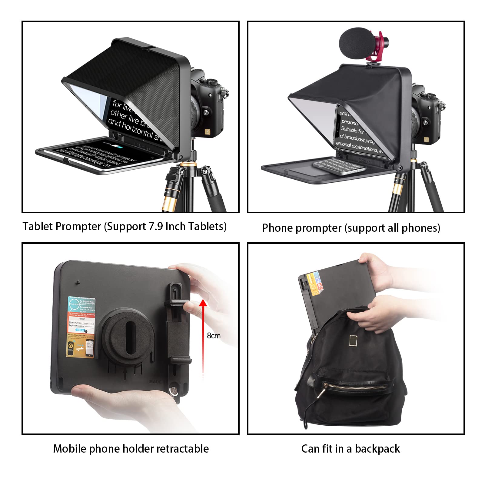 Bewinner Foldable Portable Teleprompter with Remote Control - Compatible with Smartphones, Tablets & DSLR Cameras (Includes 49mm-77mm Adapter Rings) - Perfect for Video Blogging, Live Streaming & Professional Presentations