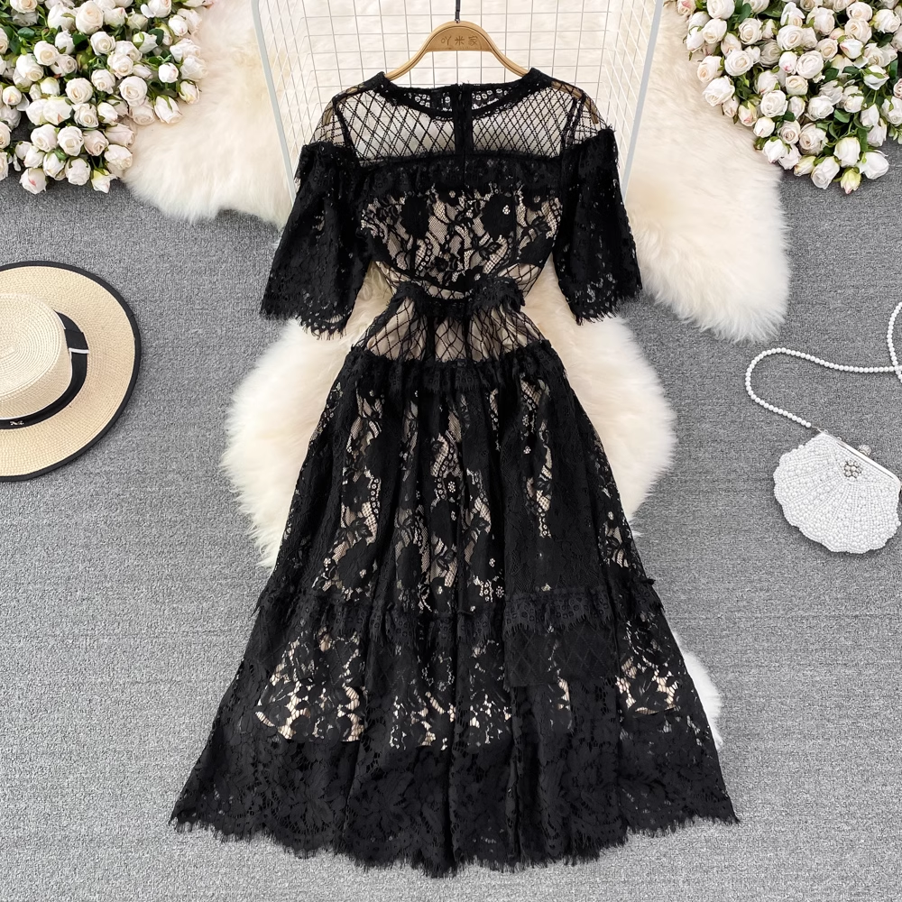 Elegant Hollow Round Neck A-Line Lace Dress for Women - Perfect for Weddings, Parties & Special Occasions