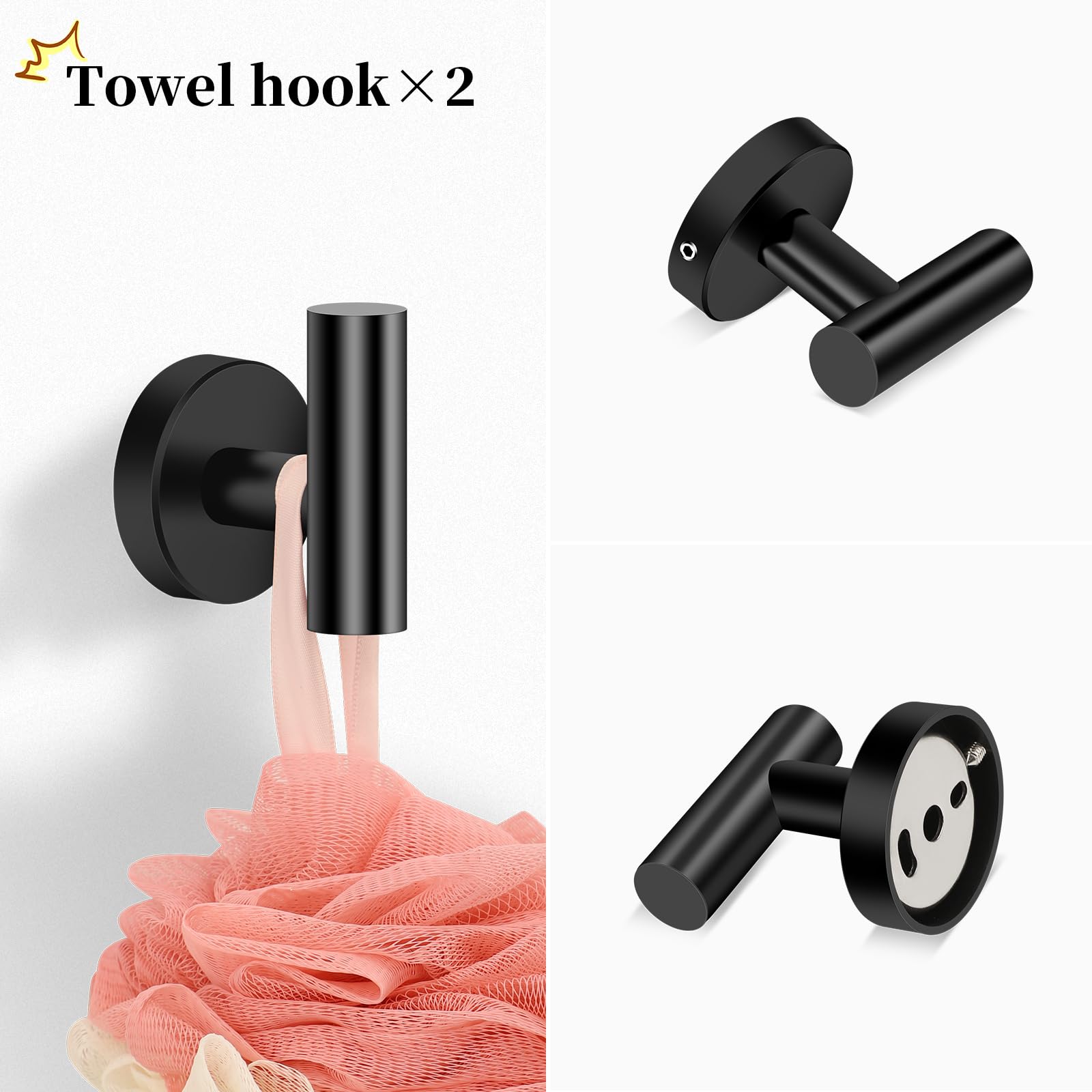 Premium Matte Black Bathroom Hardware Set - 5-Piece Stainless Steel Towel Bar (24 Inch), Toilet Paper Holder & Towel Ring Set - Modern Black Bathroom Accessories Kit for Home, Hotel & Spa Decor
