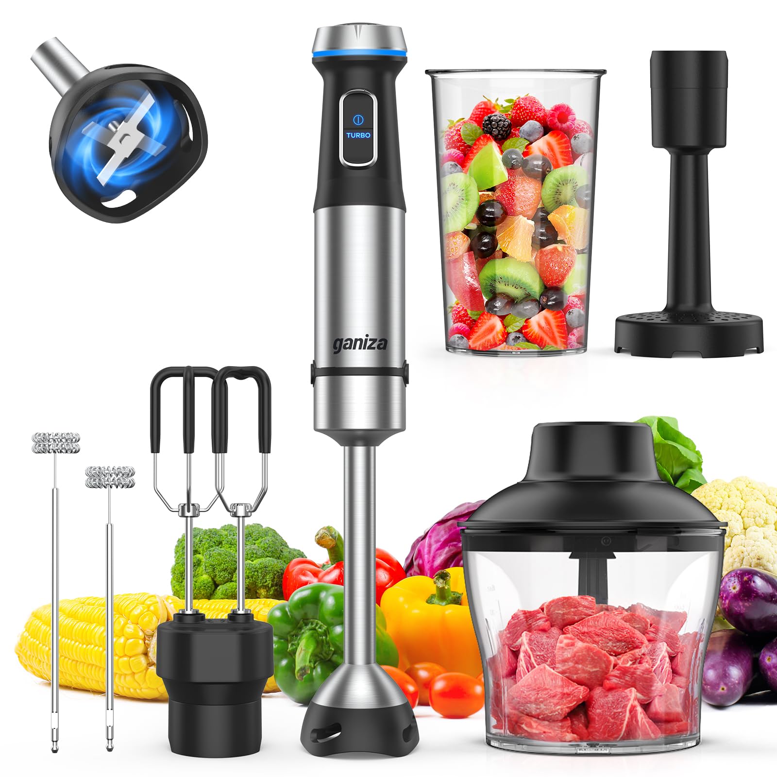 Ganiza 6-in-1 Immersion Blender with Stainless Steel Blade - 15-Speed Electric Hand Blender Set Includes 800ml Mixing Beaker, 600ml Chopper, Whisk, Frother & Potato Masher - Perfect for Smoothies, Soups, Baby Food & Baking