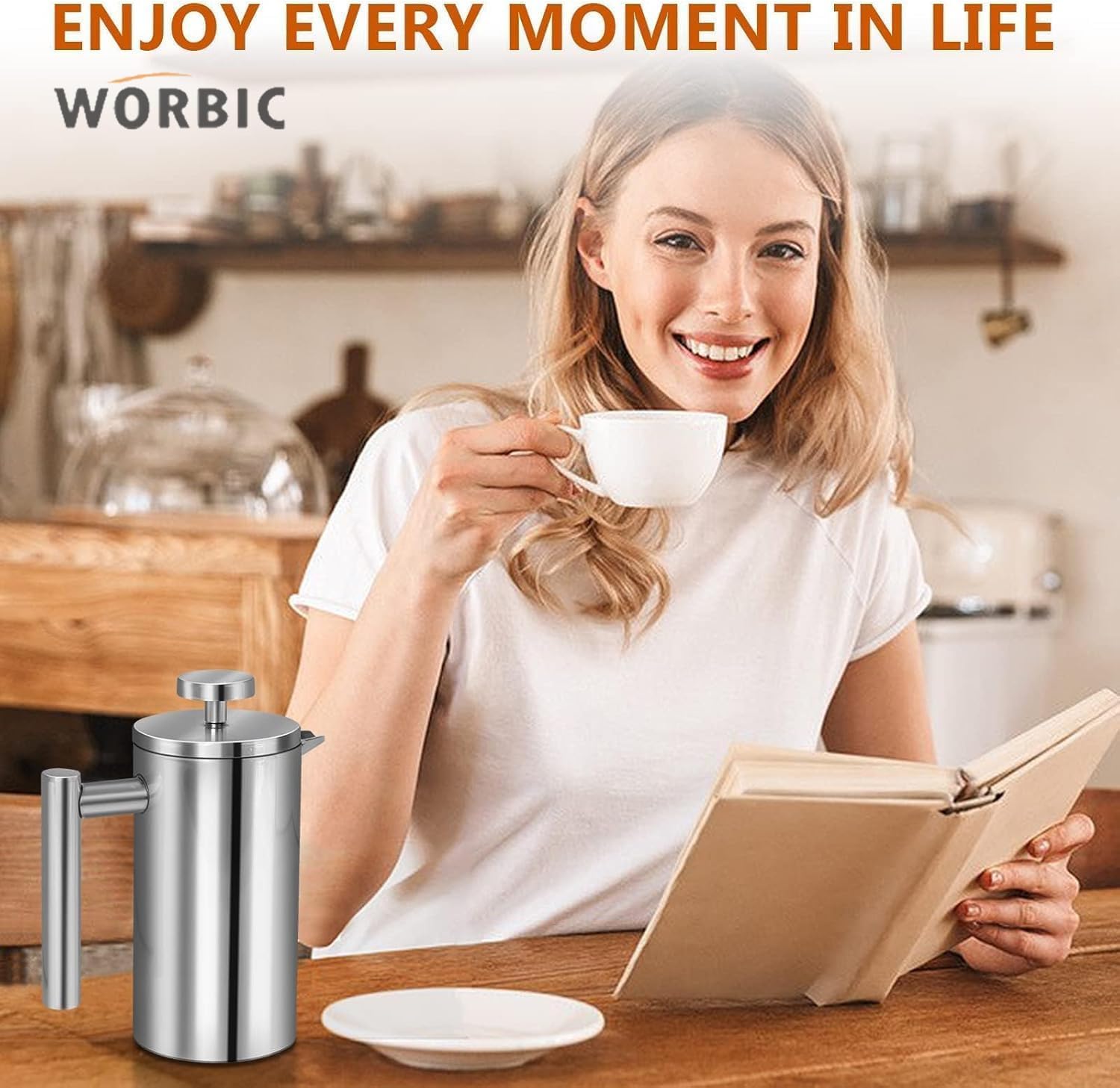 Premium 12oz Stainless Steel French Press Coffee Maker - Double Wall Insulated for Hot Coffee & Tea, Includes 3 Extra Filters + Spoon (Silver), Dishwasher Safe - Perfect for Home, Office, Camping & Travel