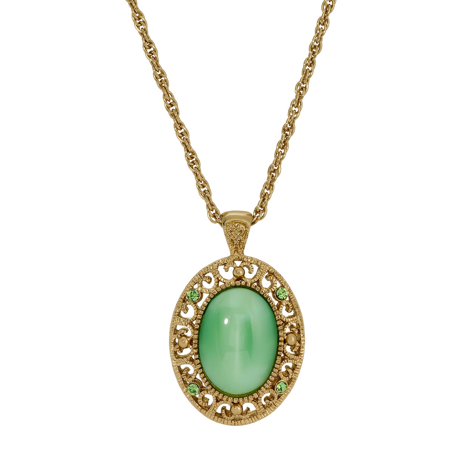 1928 Jewelry Celestial Green Oval Moonstone Peridot Crystal Pendant Necklace - 22 Inch Sterling Silver Boho Chic Necklace for Women, Perfect for Weddings, Parties & Everyday Elegance