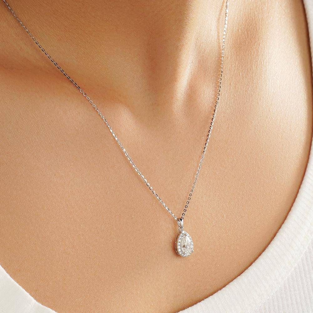 1 CT Halo Pear Moissanite Pendant Necklace - Elegant 925 Sterling Silver Jewelry Gift for Women, Perfect for Weddings, Anniversaries & Special Occasions