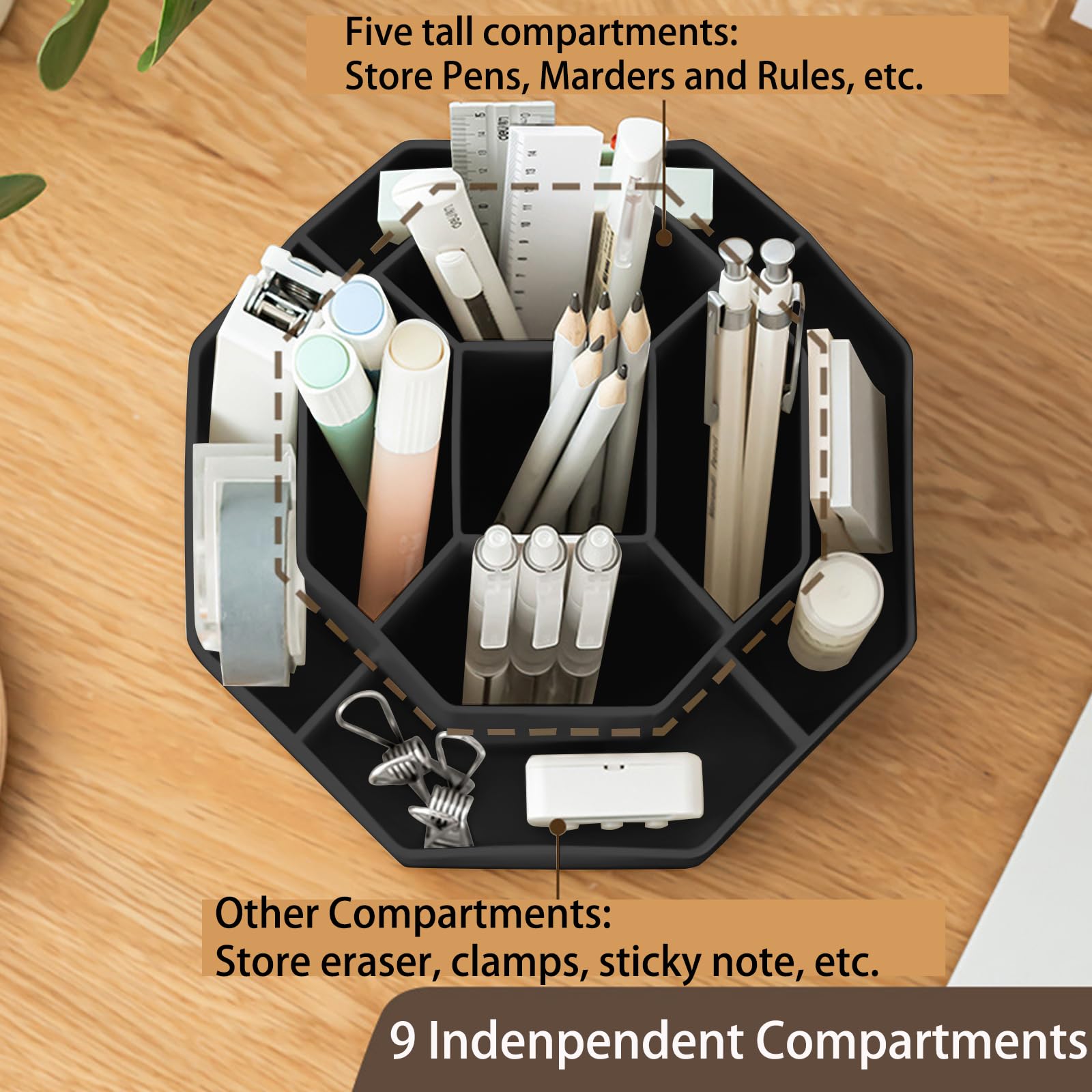 360° Rotating 9-Slot Pencil Pen Holder for Desk - Black Office & Home Stationery Organizer - Perfect for Art Supplies, School, and Workspace Organization