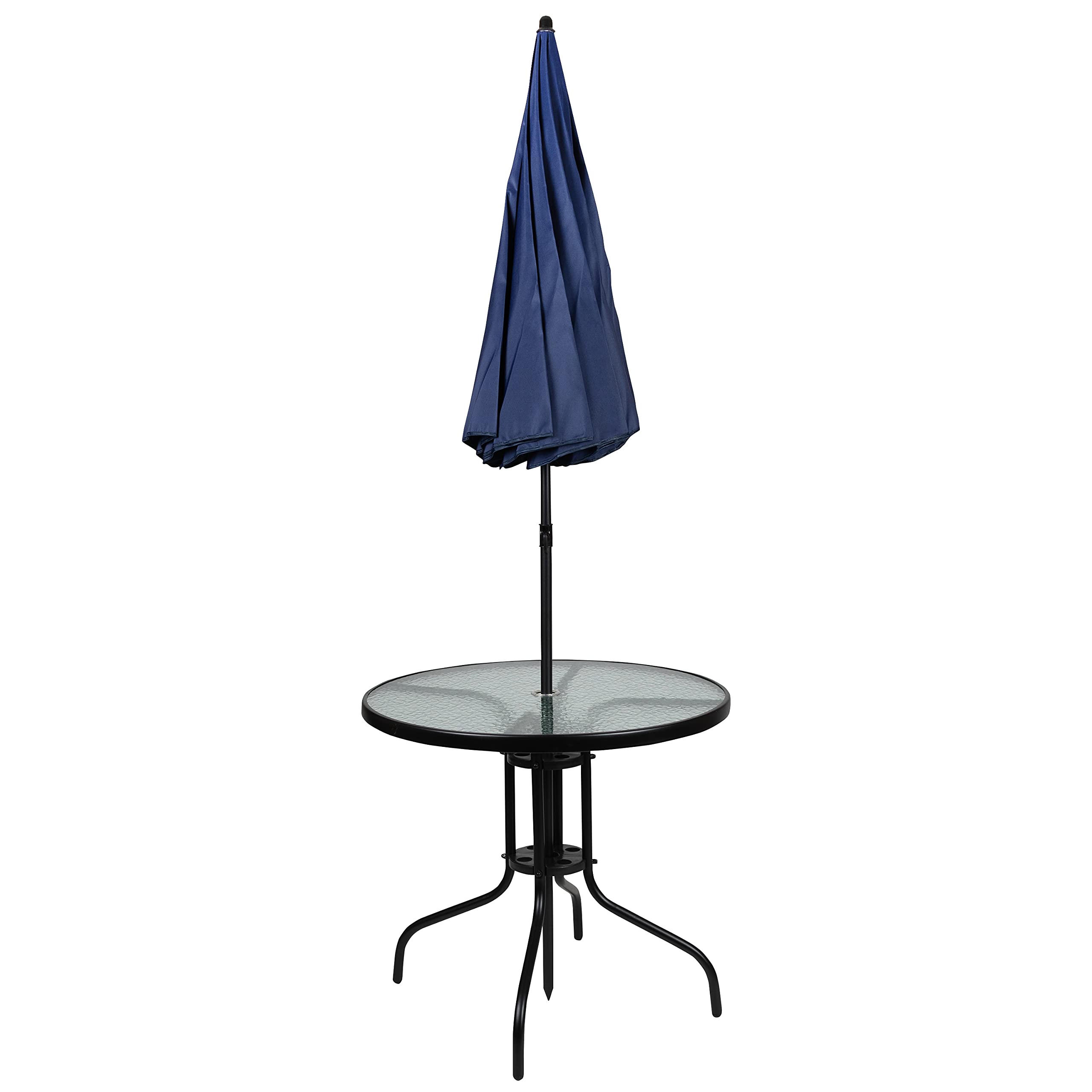 EMMA + OLIVER 6-Piece Navy Blue Outdoor Patio Furniture Set with Glass Table, Sun Umbrella & 4 Foldable Chairs - Perfect for Garden, Backyard, Poolside & Outdoor Dining