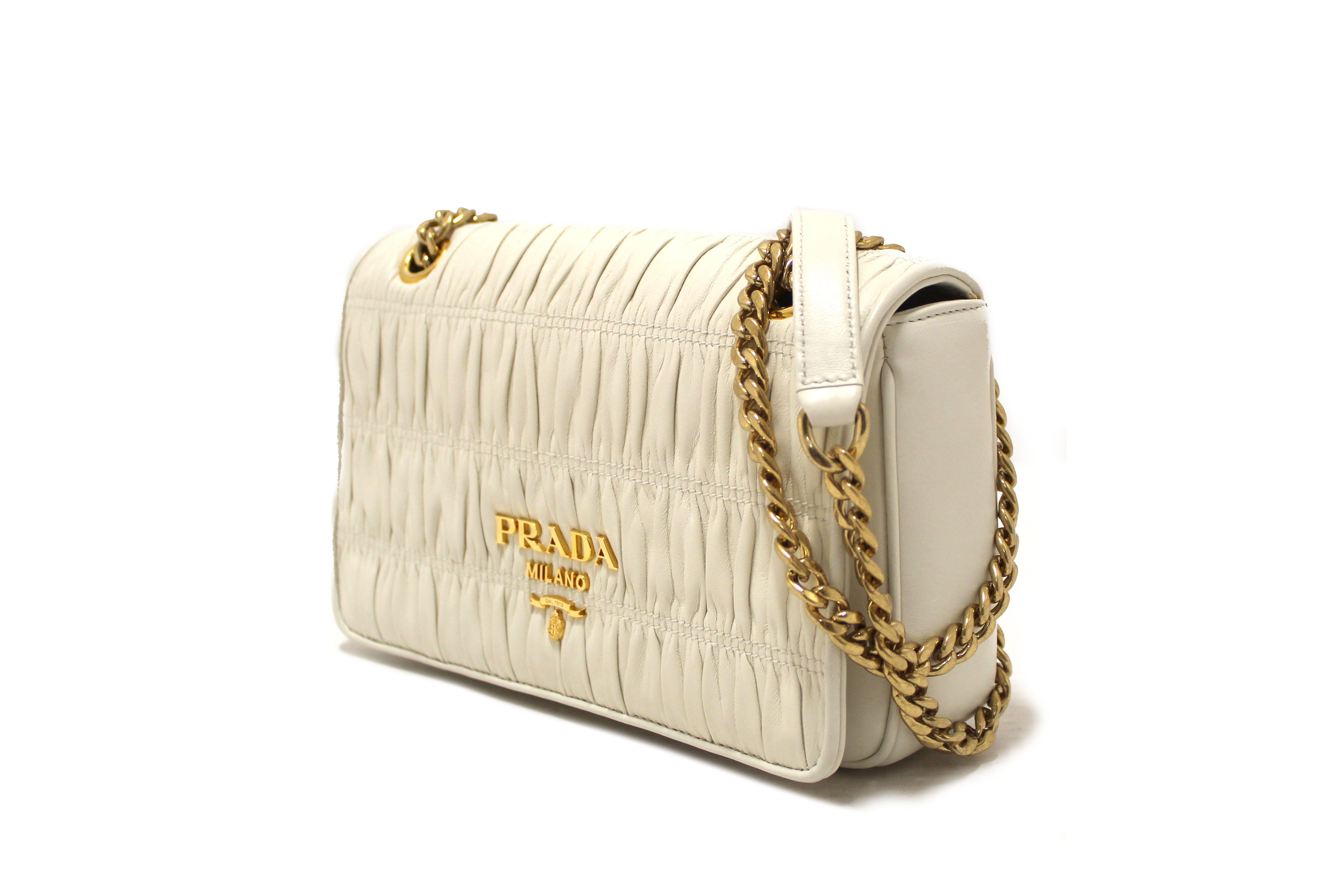Authentic Prada Off-White Matelassé Nappa Leather Flap Chain Crossbody Bag for Women | Luxury Designer Handbag for Parties, Work & Everyday Use