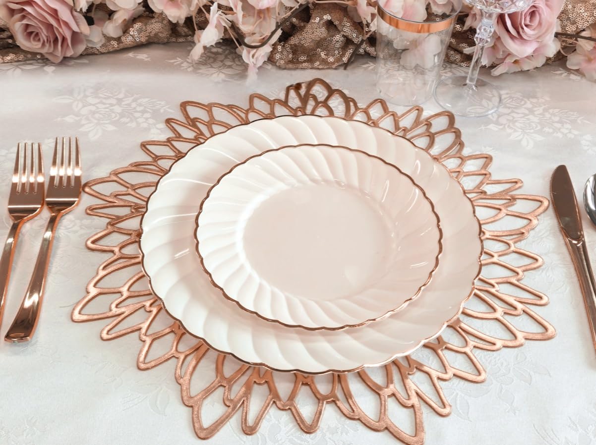 120-Pack Metallic Pressed Vinyl Placemats for Weddings & Events - Elegant Leaf Design in Rose Gold - Perfect for Table Settings, Party Decor, and Special Occasions